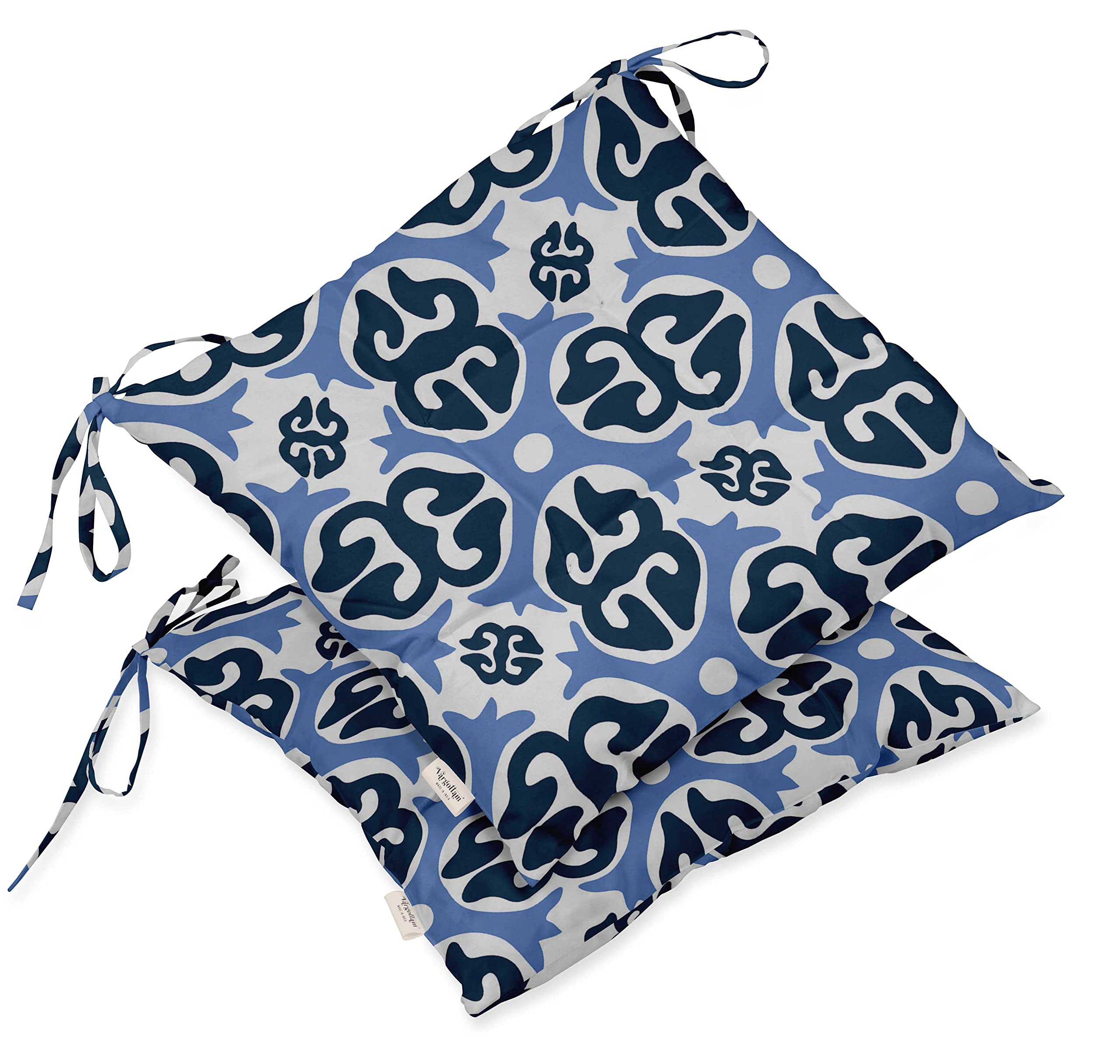 Premium Water-Resistant Indoor/Outdoor Tufted Square Patio Cushion Set of 2 - 19 Inch Blue Printed Seat Cushions with Asian Ornamental Design | Perfect for Garden, Balcony & Poolside Furniture