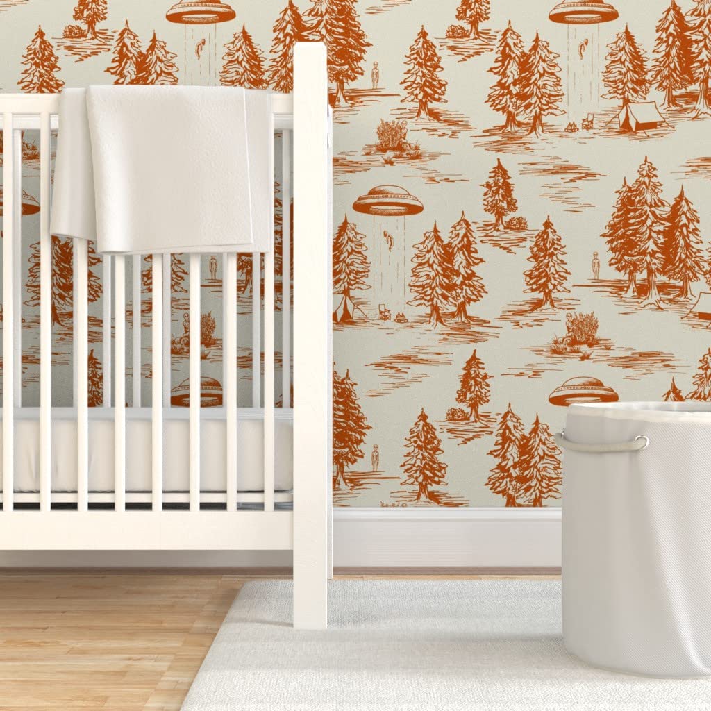 UFO Alien Abduction Orange Novelty Peel & Stick Wallpaper 9ft x 2ft - Large Scale Custom Removable Wallpaper by Spoonflower | Perfect for Kids' Rooms, Themed Parties & Unique Home Decor