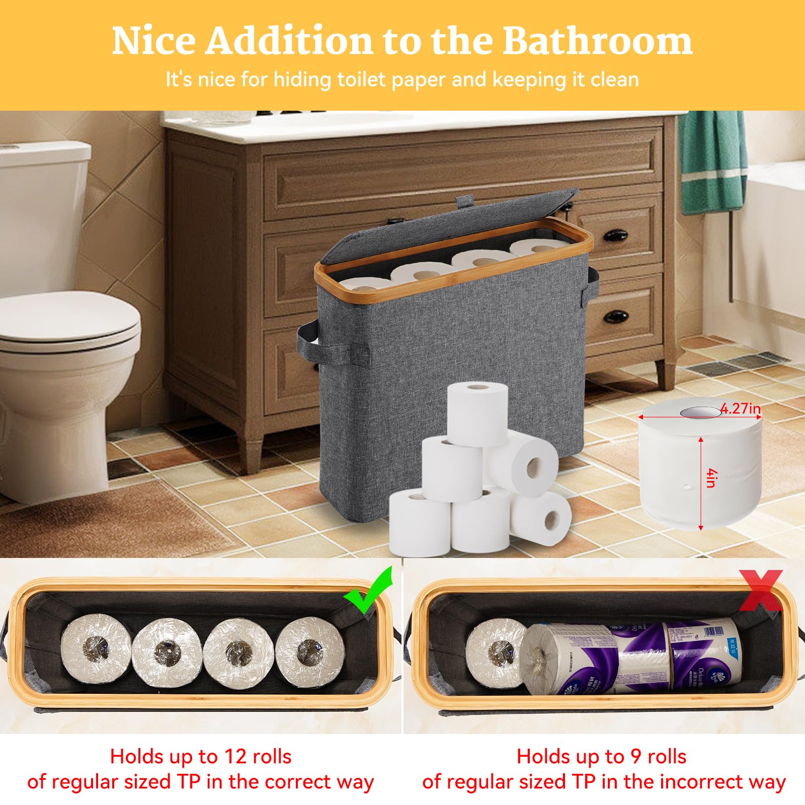 Bamboo Toilet Paper Storage Basket with Lid - Bathroom Tissue Holder Organizer for RV, Closet & Home - Gray Storage Box with Handle | Perfect for Small Spaces, Bathroom Counter & Vanity Organization