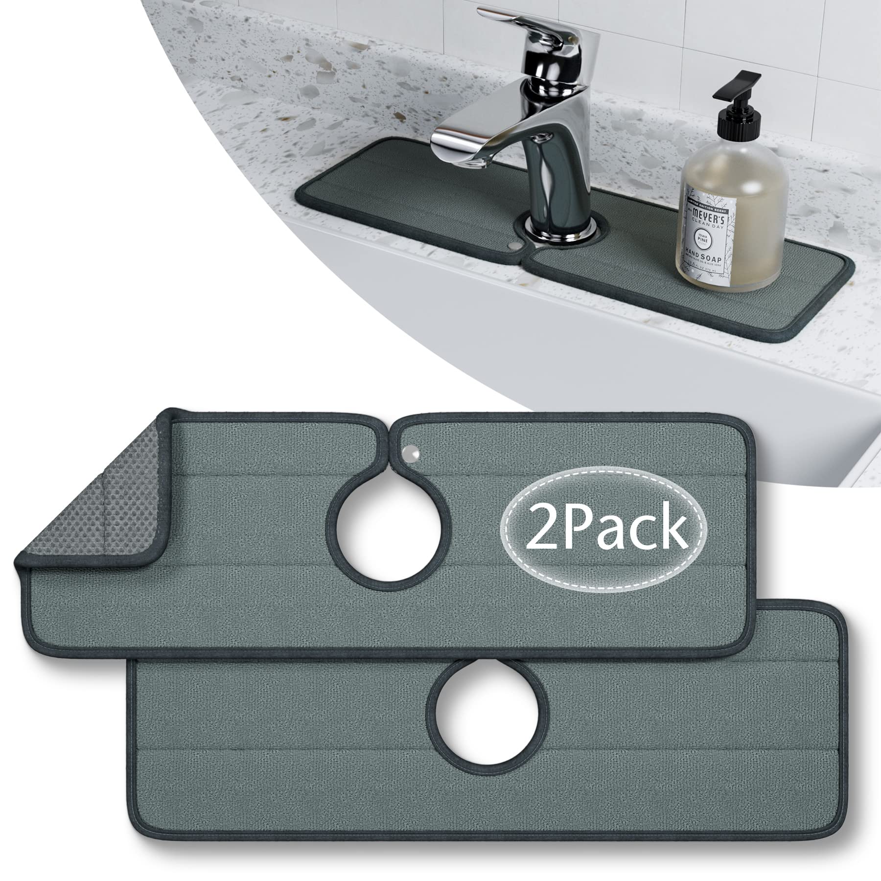 Semounva 2 Pack Washable Microfiber Faucet Splash Catcher & Sink Splash Guard - Non-Slip Absorbent Drying Mat for Kitchen, Bathroom, Bar, RV (Gray) - Perfect for Preventing Water Spills & Keeping Countertops Dry
