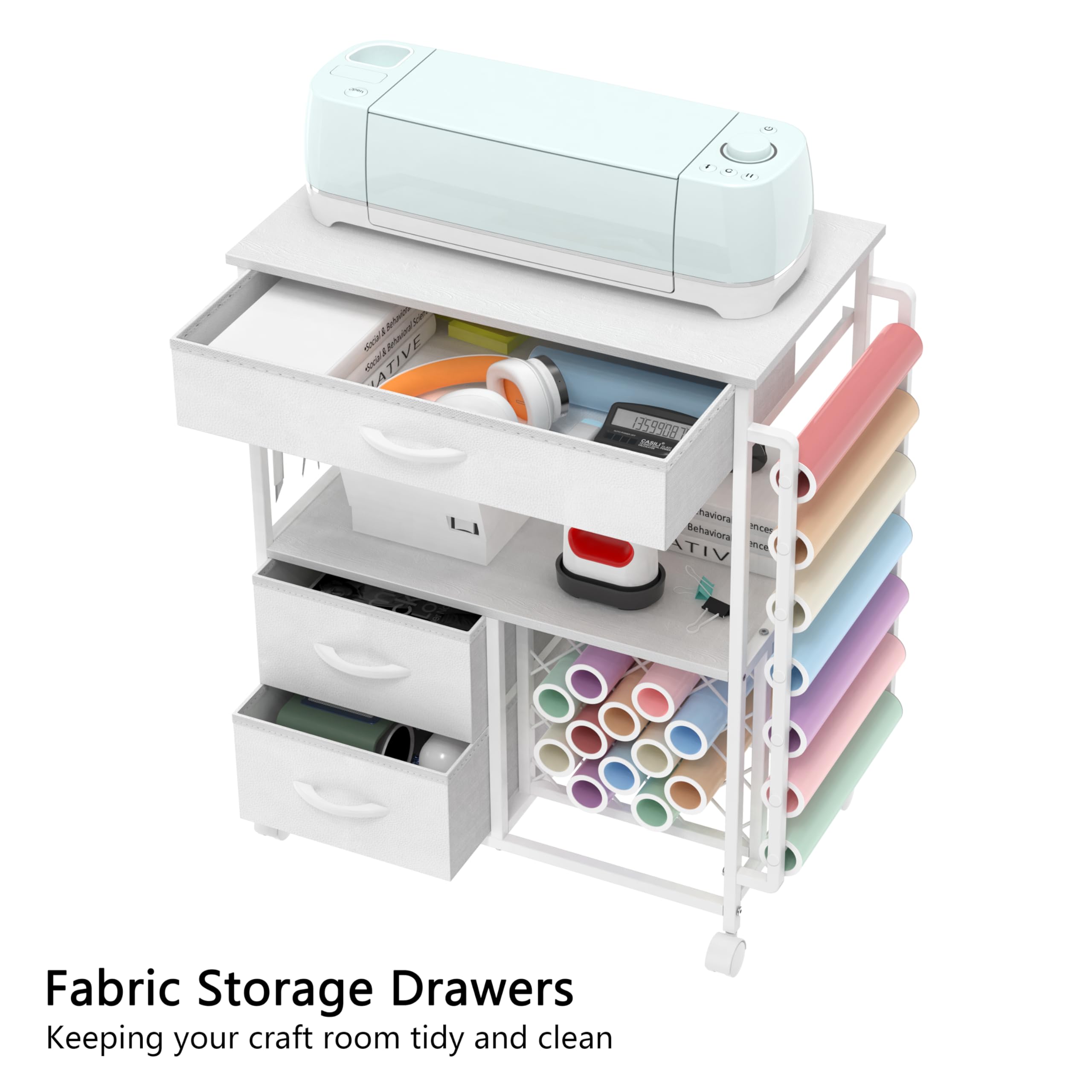 White Rolling Craft Storage Cart with Drawers & Vinyl Roll Holder - Compatible with Cricut Machines, Cutting Machine Stand - Perfect for Craft Room Organization, Scrapbooking & DIY Projects