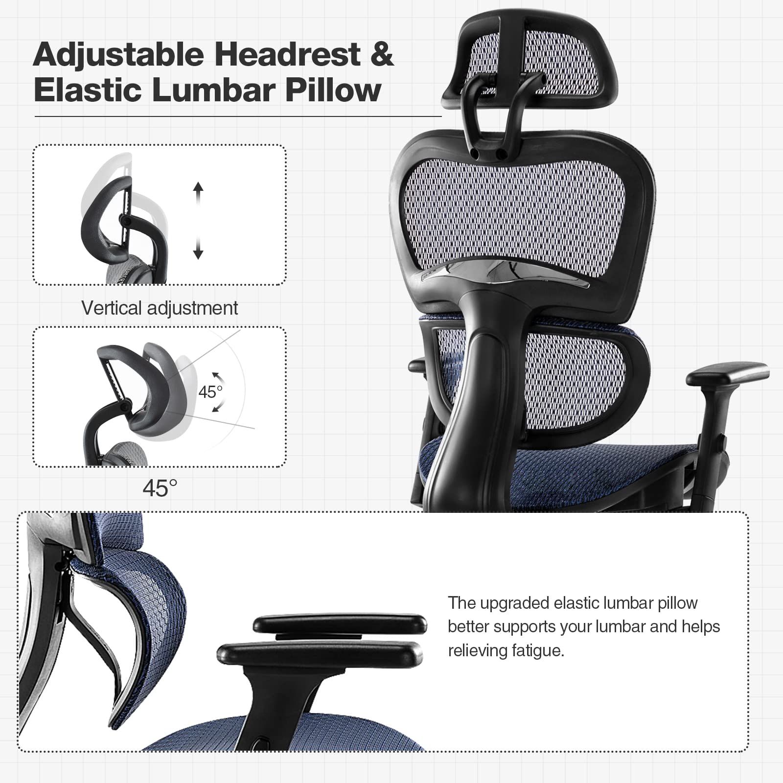 Ergonomic High Back Office Chair with Headrest & Lumbar Support - Adjustable Swivel Mesh Computer Chair with Movable Armrests, 300 lbs Weight Capacity - Perfect for Home Office, Executive Workspace & Long Hours Sitting