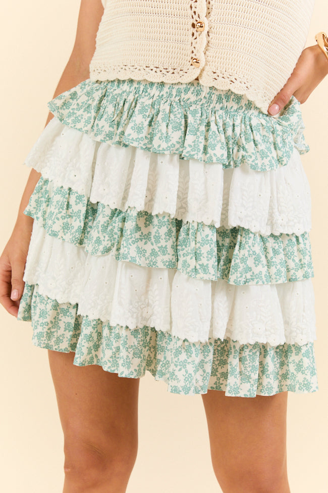 Best Memory Sage and Ivory Floral Tiered Ruffle Skort for Women - Summer Casual Skirt Shorts Combo - Perfect for Beach, Picnic & Vacation Outfits