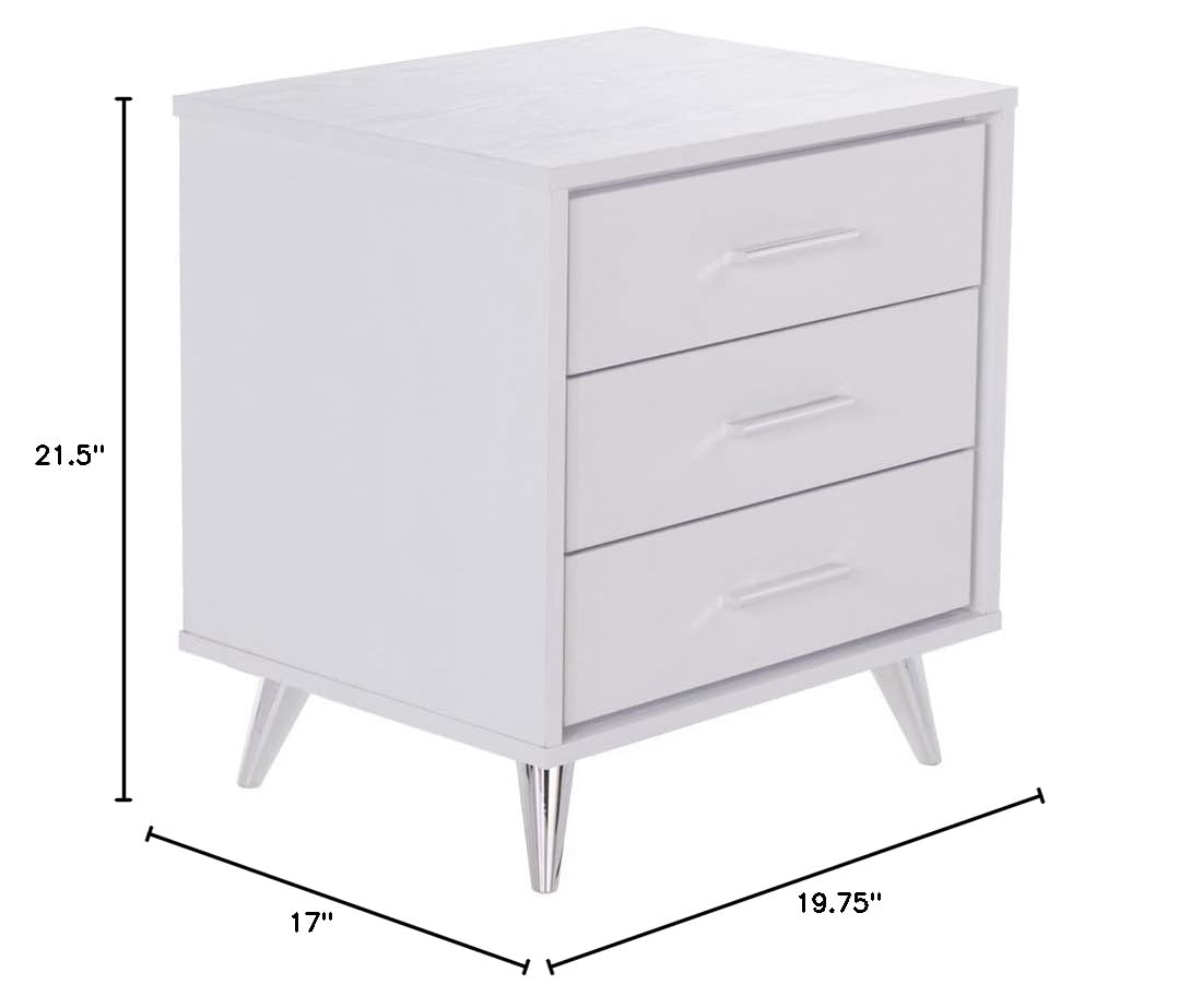 Allora Mid-Century Modern 3-Drawer Nightstand - White & Chrome Finish Bedside Table for Bedroom, Living Room, or Office