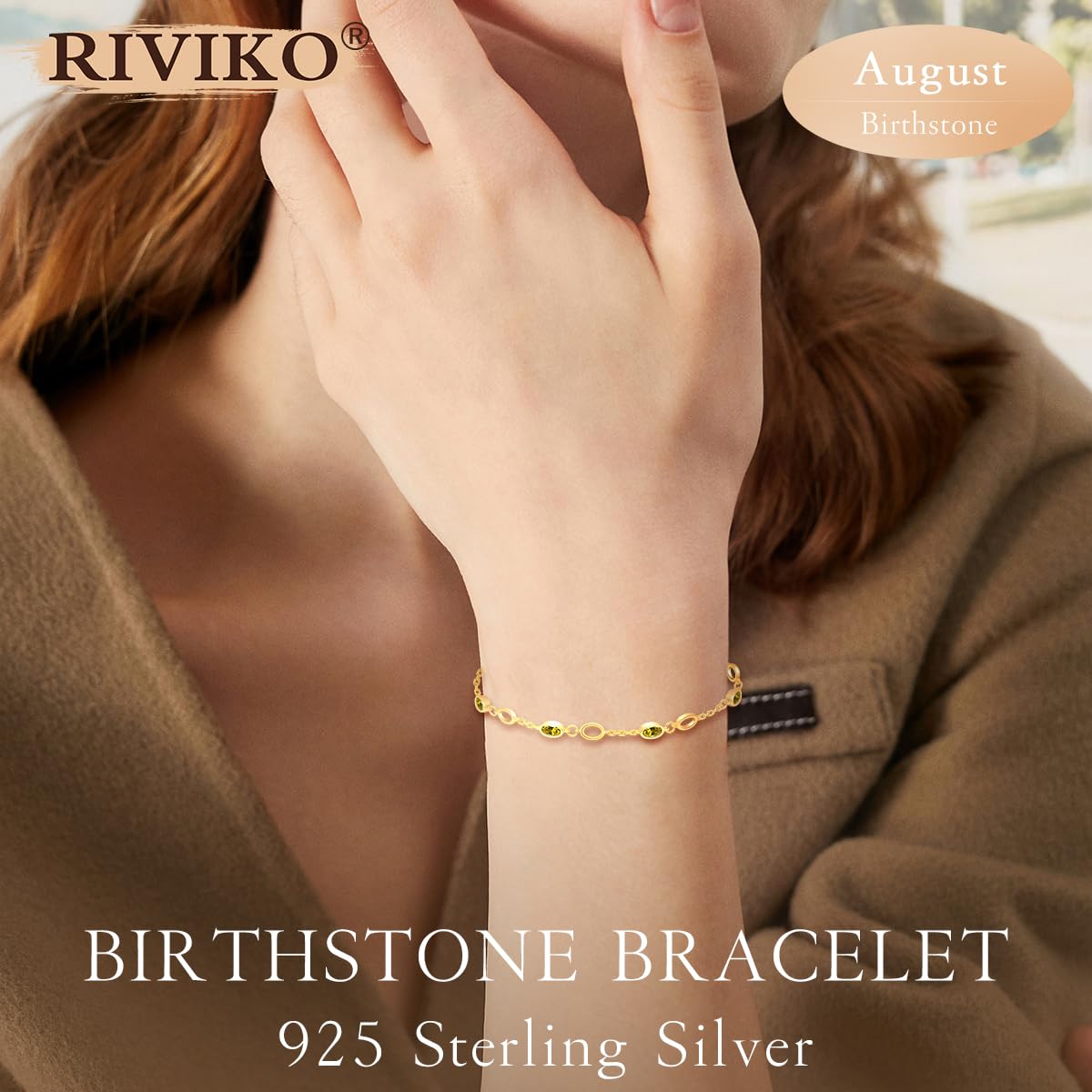 RIVIKO 925 Sterling Silver Gold Plated Birthstone Bracelet for Women - Adjustable Dainty Charm Link Bracelet Jewelry for Anniversary, Valentine's Day, Christmas & Birthday Gifts for Her, Mom, Wife, Friend | Perfect for Everyday Wear, Special Occasions & Thoughtful Gifting