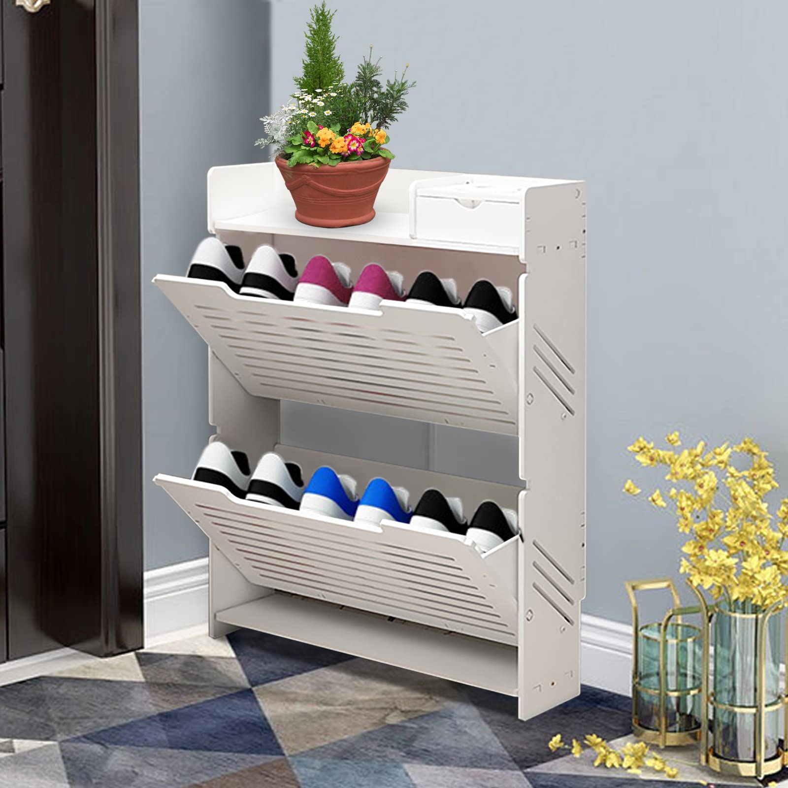 2-Tier White Wooden Shoe Rack with Small Drawer - Large Capacity Vertical Shoe Organizer for Entryway, Closet & Bedroom - Sturdy Shoe Storage Solution for Home & Office Organization