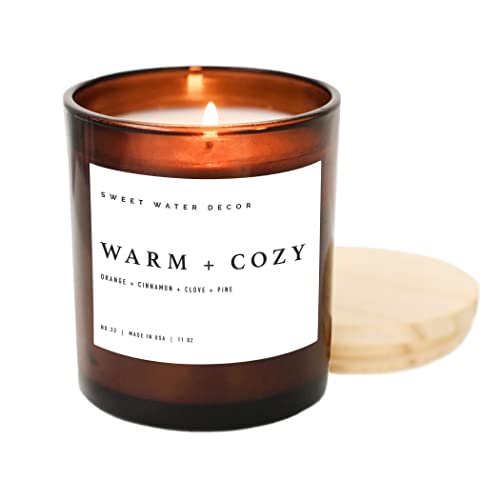 Sweet Water Decor Winter Scented Soy Candle - Pine, Orange, Cinnamon & Fir Aroma | 11oz Amber Jar Candle with Wood Lid | 60-Hour Burn Time | Made in USA | Perfect for Cozy Home Decor, Holiday Gifts & Relaxation