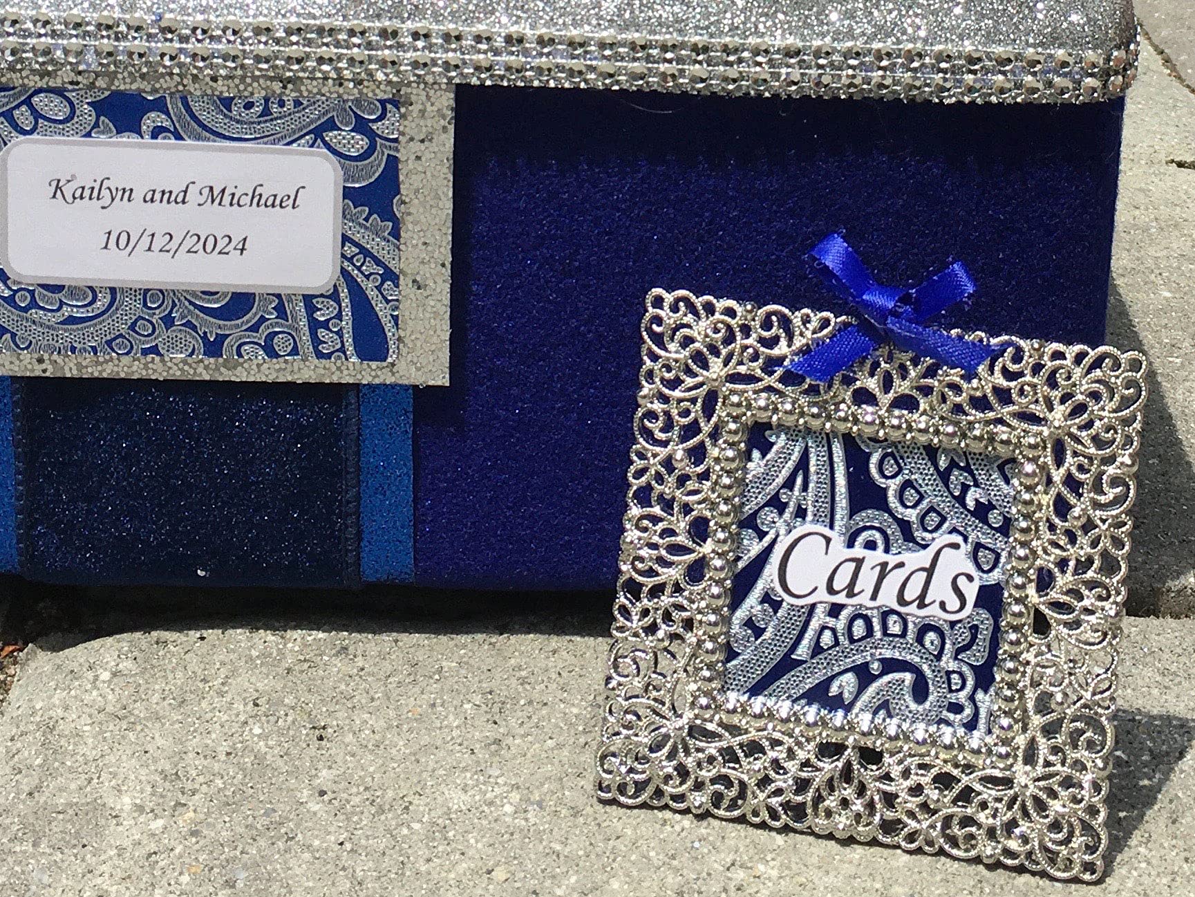 Royal Blue & Silver Wedding Card Box with Slot - 2-Tier Fabric Gift Holder for 80 Cards | Personalized Bridal Shower, Anniversary & Reception Decor