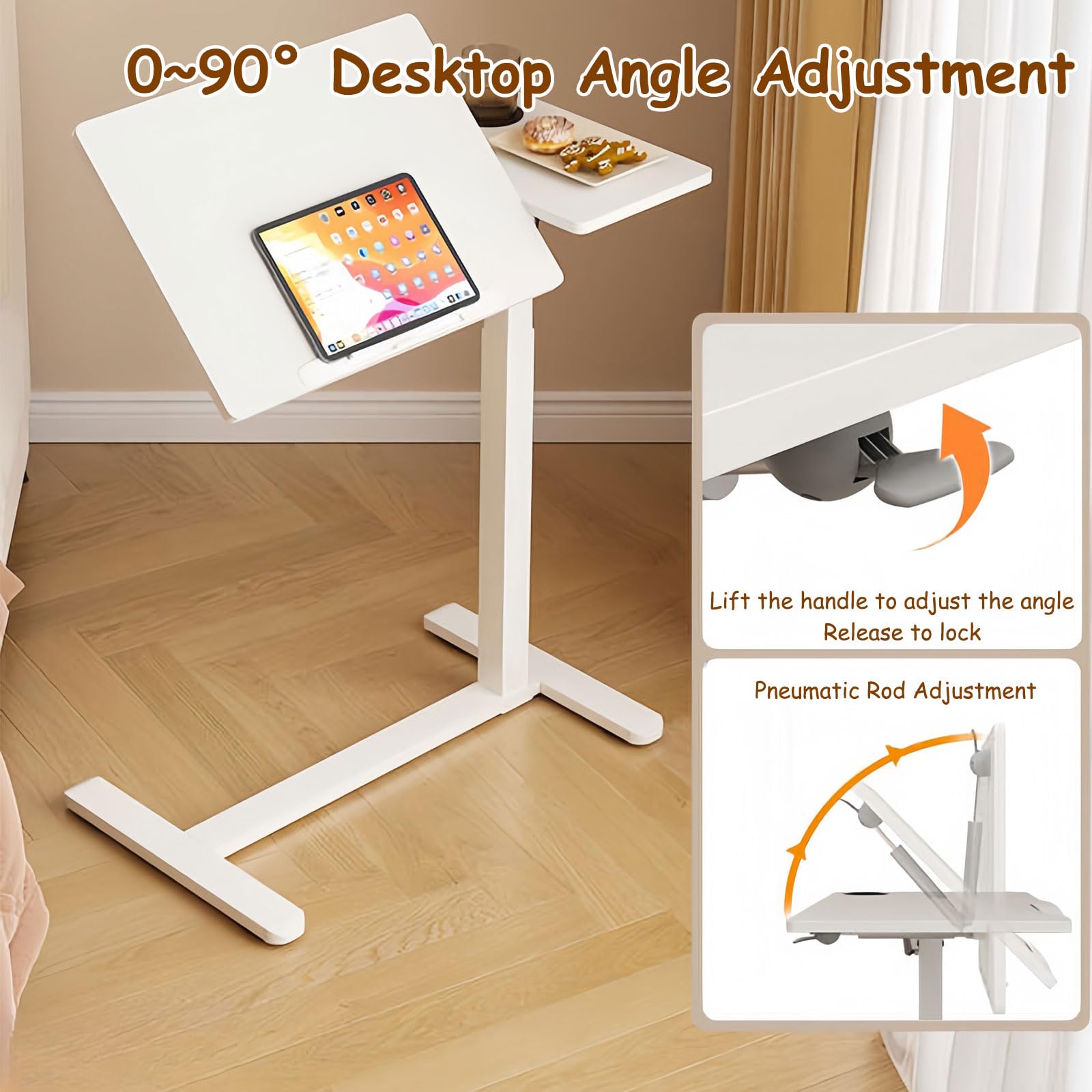 Adjustable Overbed Table with Pneumatic Height & Tilting Desktop - Rolling Laptop Standing Desk for Home & Hospital Use, Folding Design with Hidden Wheels & Cup Holder - Perfect for Bedside Work, Eating, Reading & Nursing Care