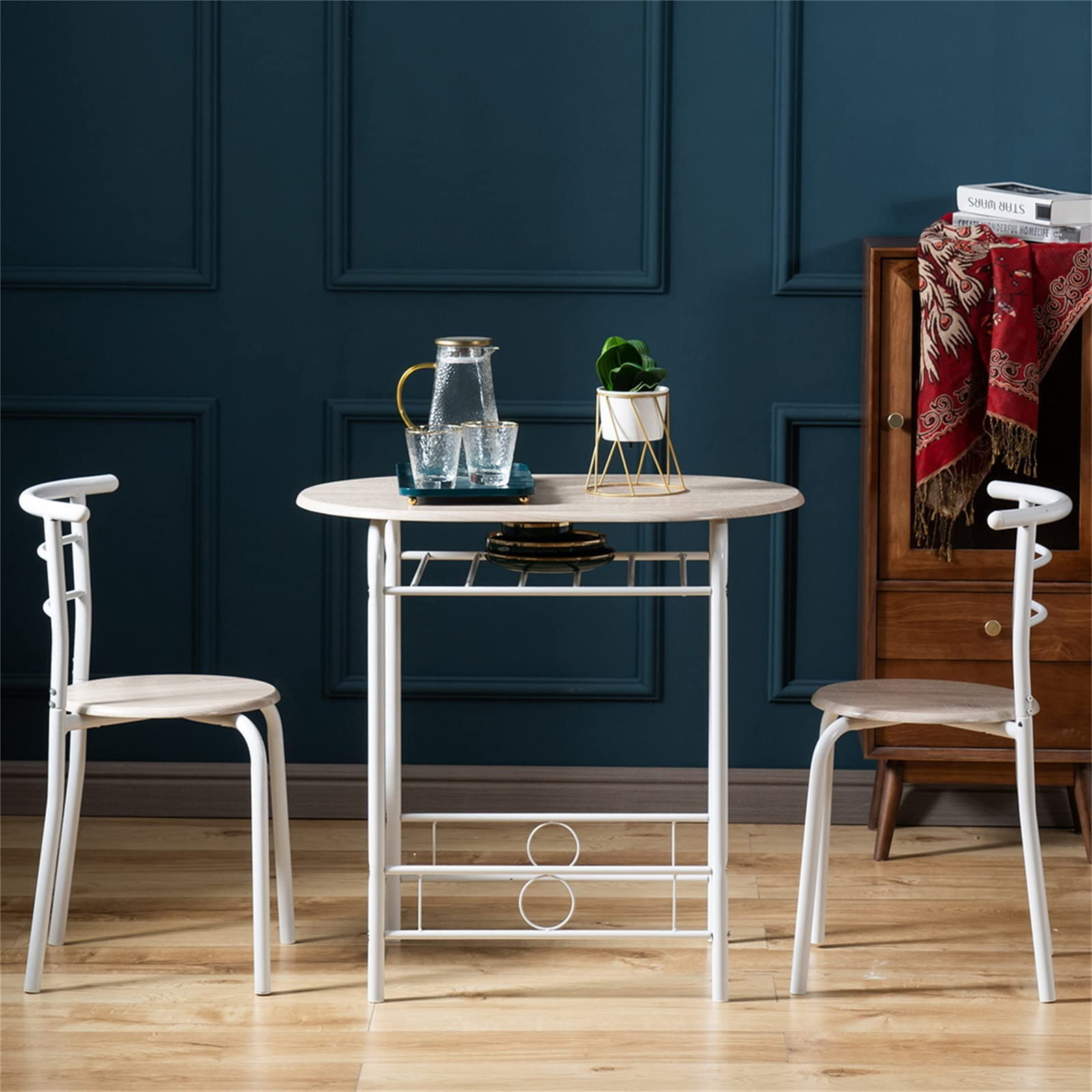 Compact Round Kitchen Dining Table Set for 2 - 3 Piece Small Space Breakfast Nook with Chairs & Wine Rack - Perfect for Apartments, Studios & Cozy Homes (White) | Space-Saving Solution for Morning Coffee, Intimate Dinners & Small Gatherings