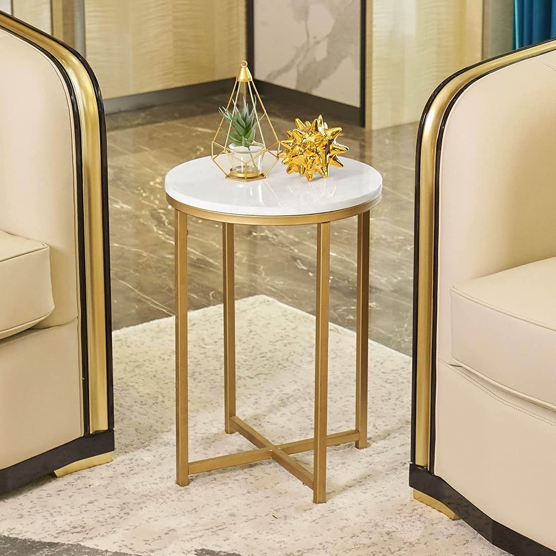Gold Round Side Table with Faux Marble Top - Small Coffee Table for Living Room, Modern Nightstand for Bedroom - 14