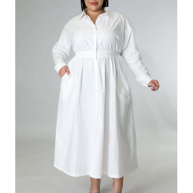 Plus Size Solid Color Long Sleeve Shirt Dress for Women - Casual Office Wear & Everyday Outfit