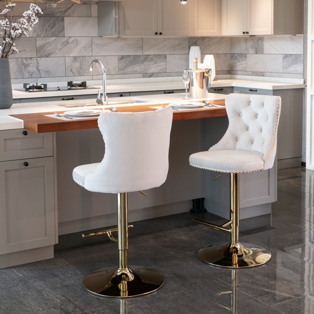 Adjustable Height Swivel Bar Stools with Footrest - Velvet Upholstered, Gold Metal Base, Beige - Perfect for Kitchen Islands, Home Bars & Breakfast Nook Seating