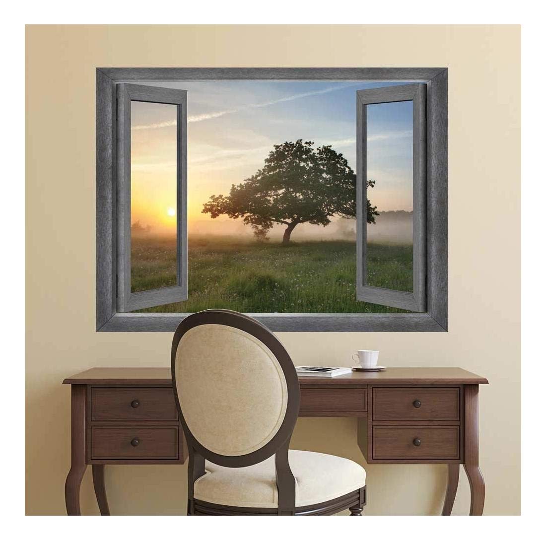 Wall26 - Open Window Creative Wall Decor - Misty Field at Sunset - 24x32 Inch Removable Wall Mural Sticker for Living Room, Bedroom & Office Decor - Perfect for Home, Apartment and Dorm Room Aesthetics