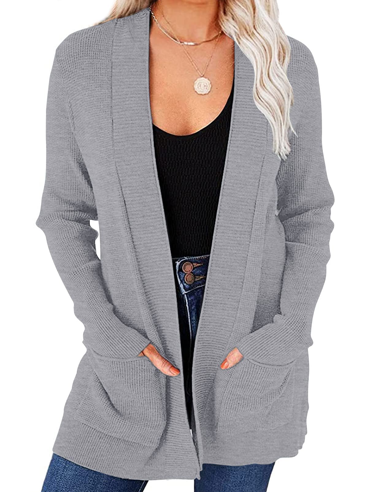 MEROKEETY Women's 2025 Fall Open Front Waffle Knit Cardigan Sweater - Long Sleeve Cozy Pocketed Wrap - Perfect for Office, Casual Outfits & Autumn Layering