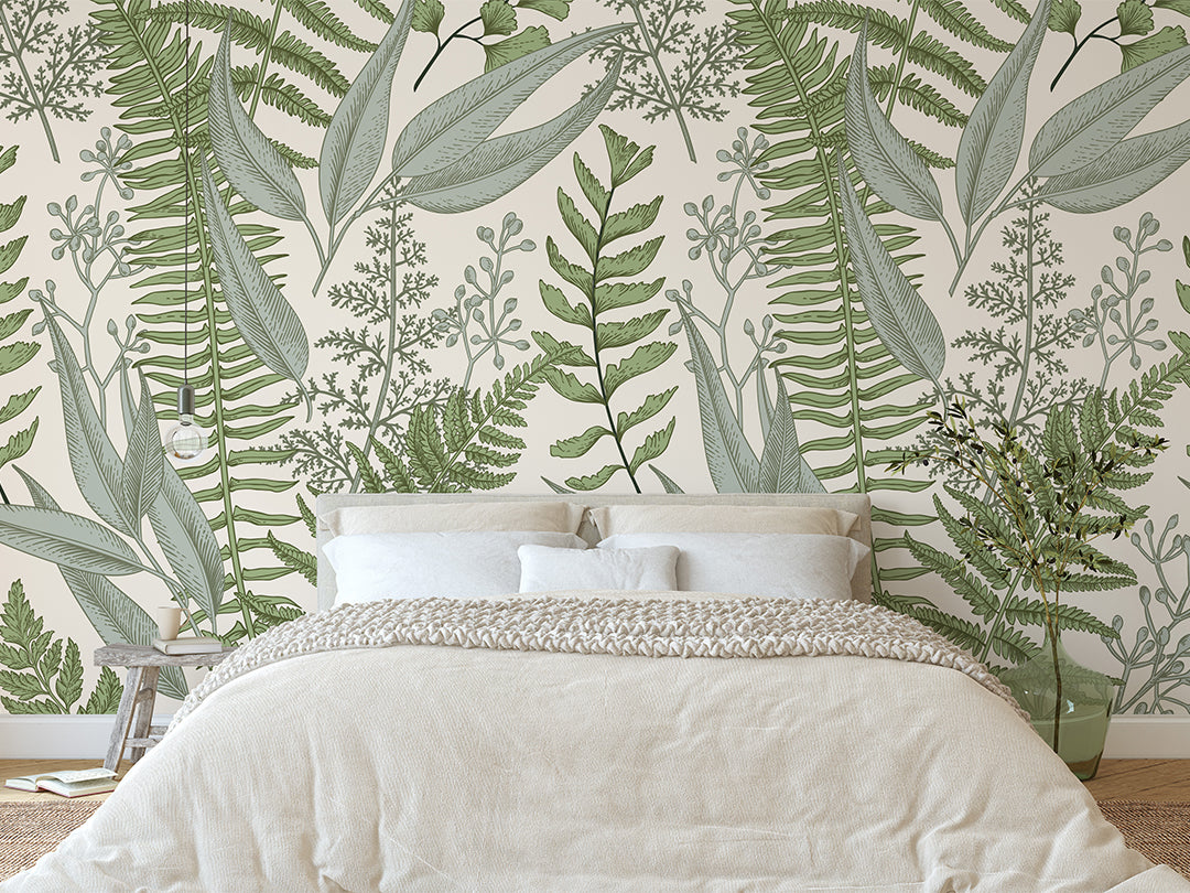 Light Green Fern Wall Mural CCM081 - Botanical Peel and Stick Wallpaper for Bedroom, Living Room & Office Decor