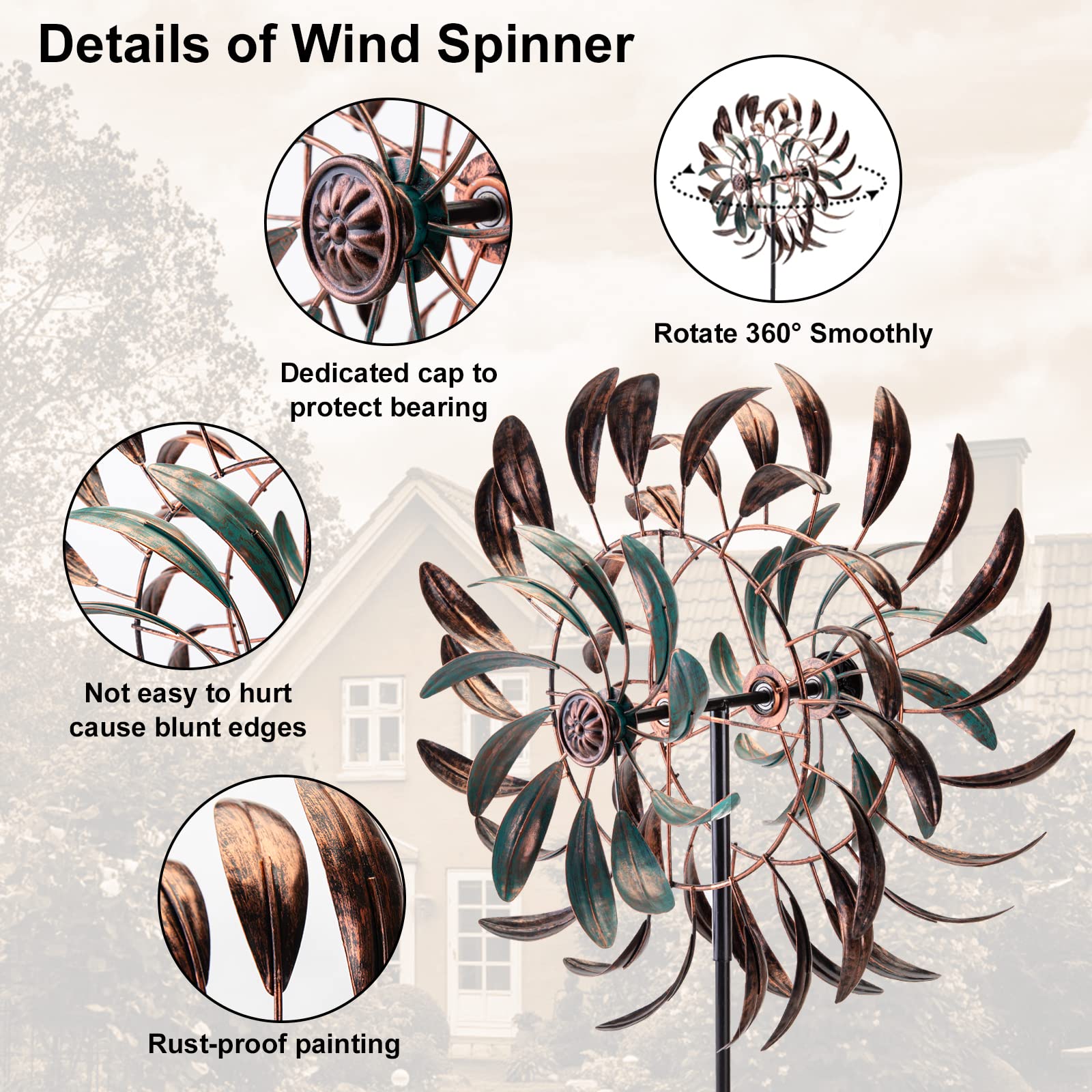 VEWOGARDEN Large Outdoor Metal Wind Spinner - 360 Degree Swivel Wind Sculpture for Garden, Patio, Lawn Decor (66 x 15.8 Inches) | Weather-Resistant Yard Art for Relaxing Outdoor Spaces & Meditation Gardens