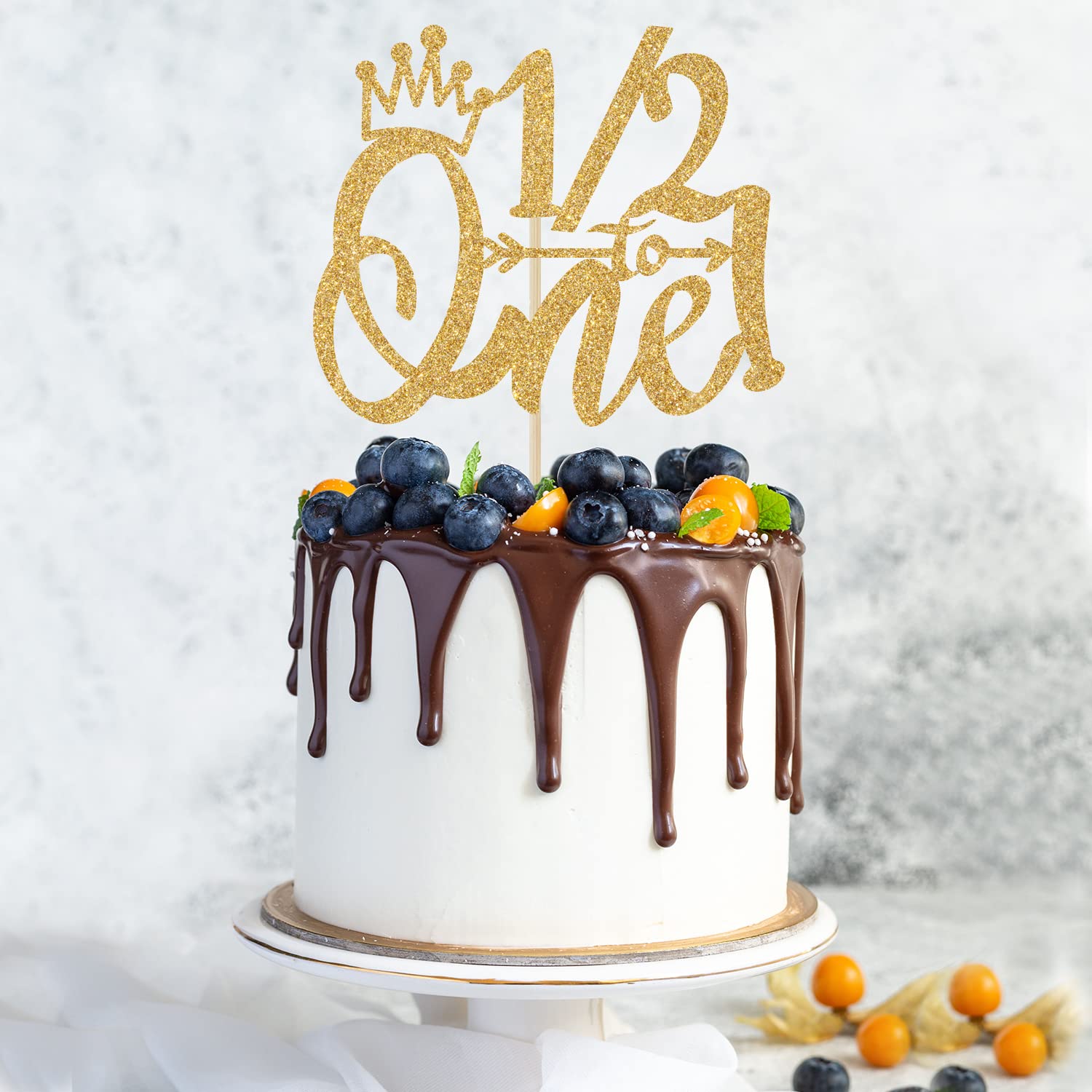 1/2 Way to One Cake Topper - Half Way to One Birthday Decor - Gold Glitter 1/2 Birthday Cake Topper for Baby Boys & Girls - Perfect for 6 Month Birthday Party Decorations & First Year Milestone Celebrations