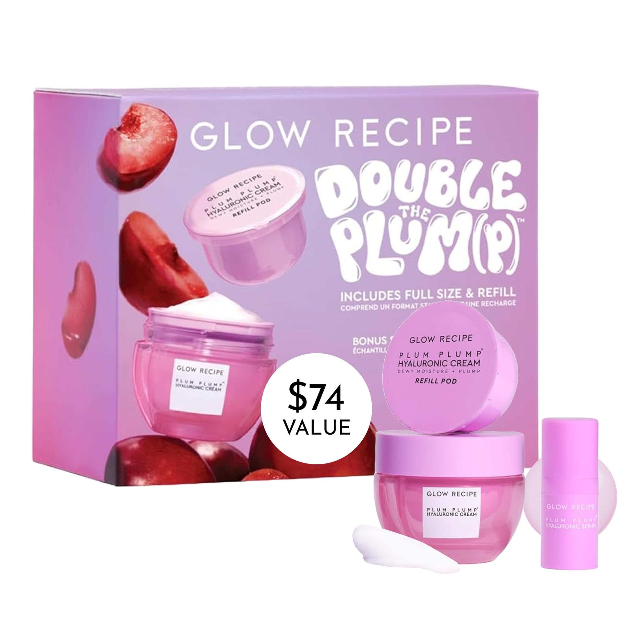 Glow Recipe Double the Plump Korean Skin Care Gift Set - Hyaluronic Acid Whipped Gel Face Cream & Plum Plump Serum for Hydrating Dry Skin (3-Piece Set) | Perfect for Travel, Daily Moisturizing & Gift Giving