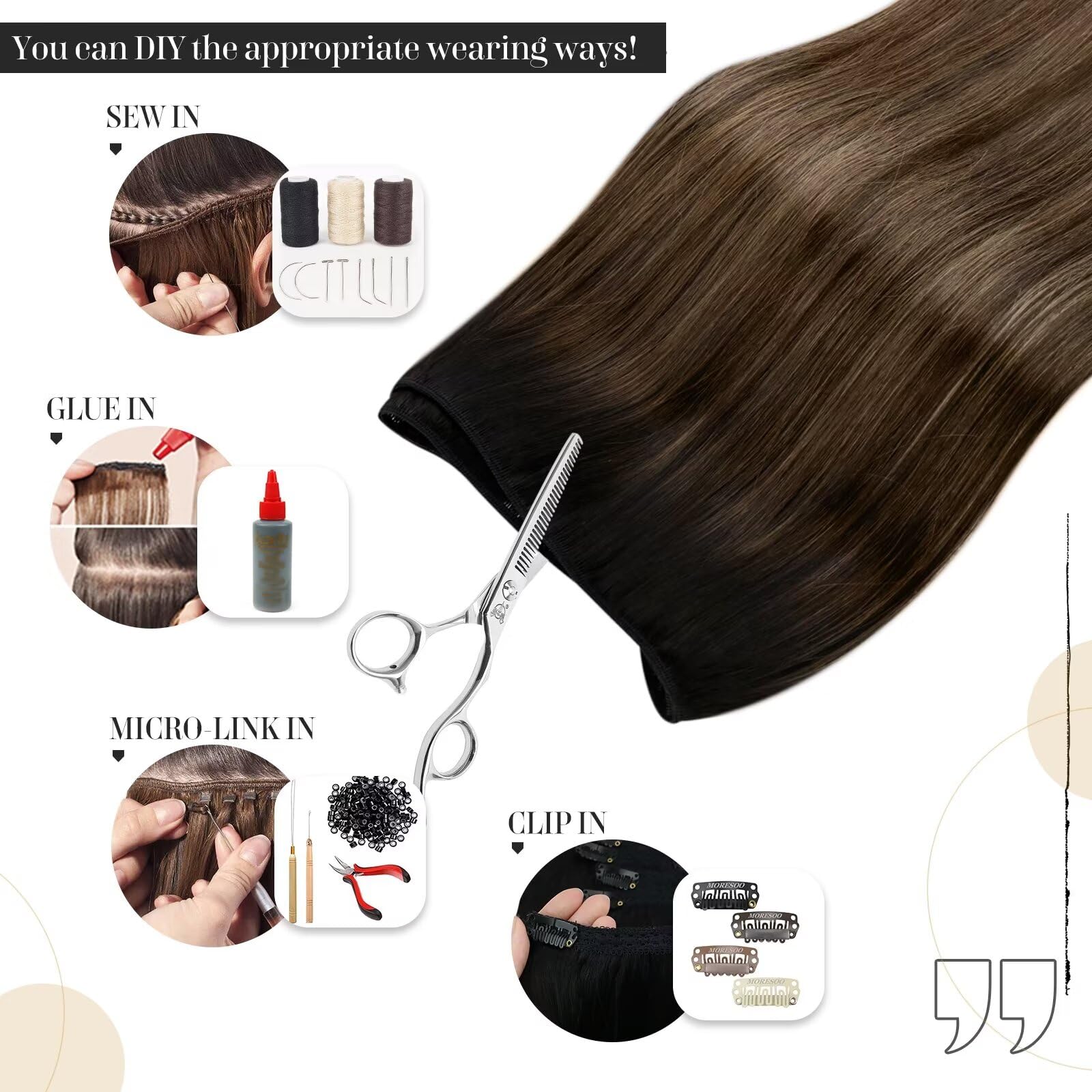 20 Inch Vivien Balayage Brown Human Hair Sew-in Extensions - 100G Remy Human Hair Weft Bundles (Natural Black to Brown with Ash Blonde) for Styling & Volume - Perfect for Parties, Weddings & Everyday Glamour