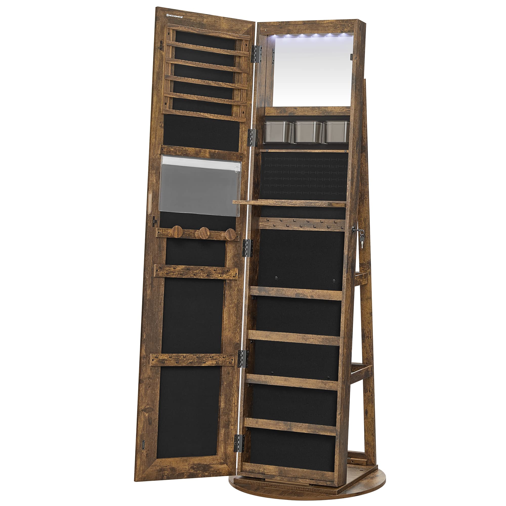 SONGMICS LED Jewelry Armoire with Full-Length Mirror - Lockable Standing Jewelry Cabinet with Adjustable Lighting, Rustic Brown UJJC008X01 - Perfect for Bedroom, Closet & Gift Giving