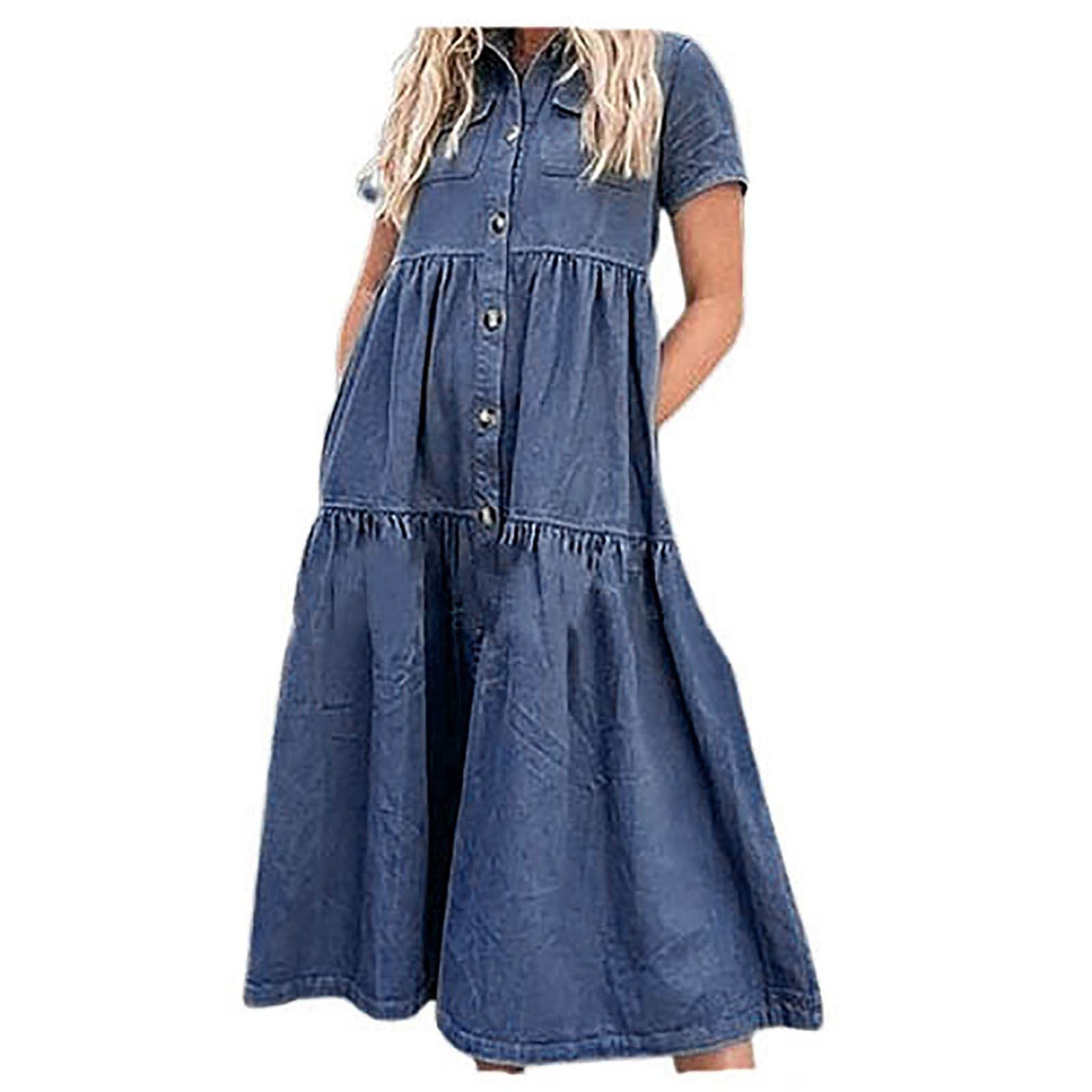 Women's Denim Shirt Dress - Short Sleeve Blue Jean Button Up Shift Dress with Lapel Collar | Summer Casual Maxi Dress for Beach, Outing & Daily Wear