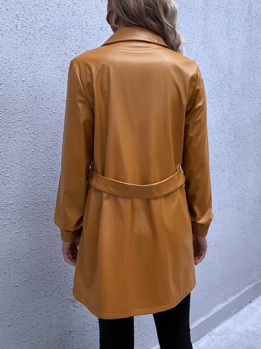 TINMIIR Women's Double Pocket Belted PU Leather Coat - Brown, Size S | Stylish Winter Jacket for Office, Dating & Outdoor Activities