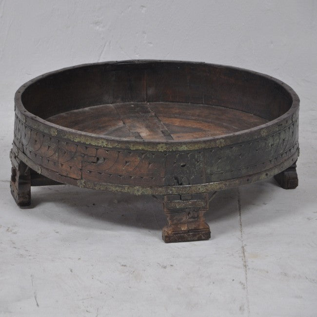 Hand Carved Tribal Grinder Round Coffee Table - Solid Wood Honey Finish for Living Room & Lounge Decor