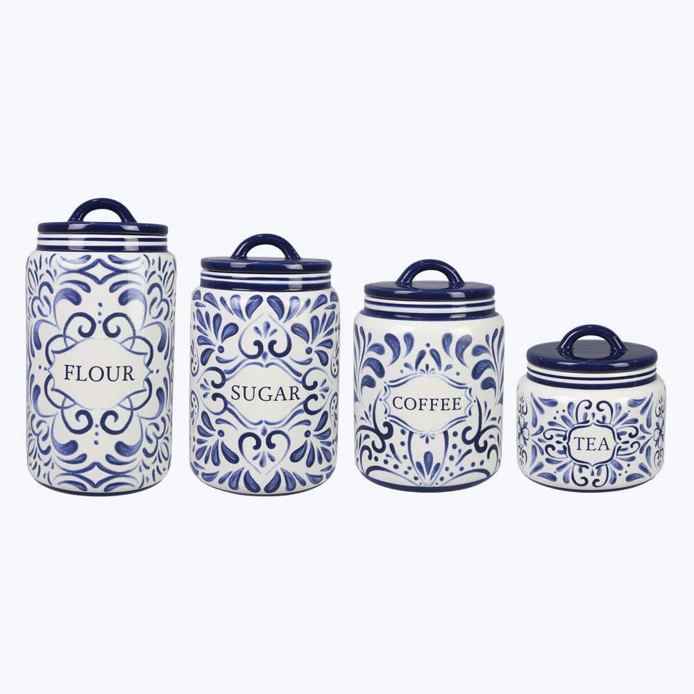 Young's Inc. 4-Piece Talavera Ceramic Canister Set - Airtight Kitchen & Bathroom Storage Containers for Food, Coffee, Tea, Sugar - Hand-Painted Mexican Style Home Decor (White & Blue) - Perfect for Countertop Organization, Pantry Storage & Gift Giving