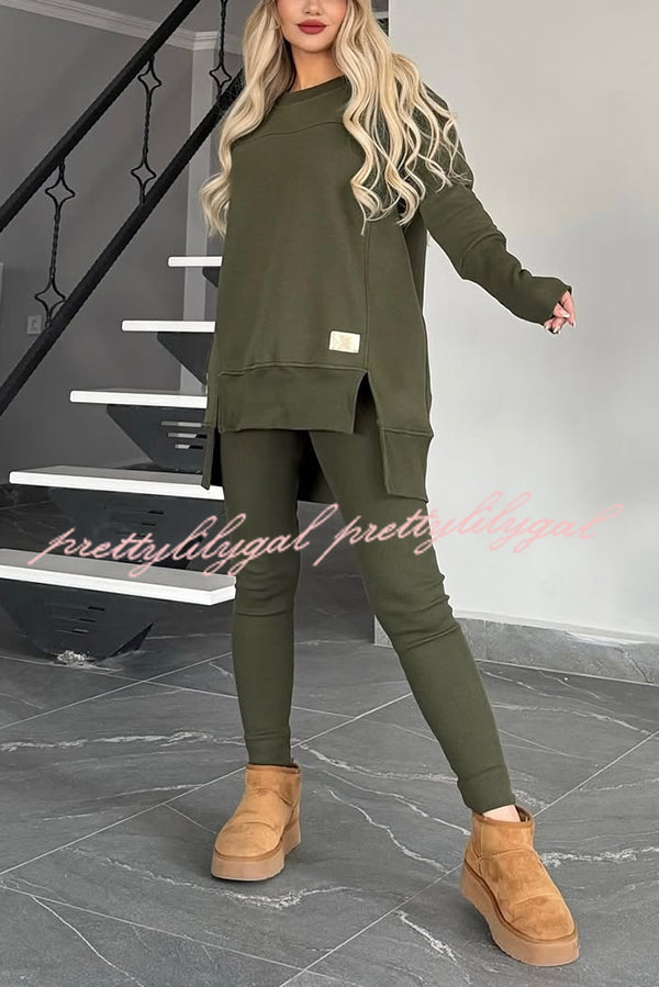 Solid Color Crew Neck Long Sleeve Top & Stretchy Casual Pants Set - Women's Comfortable Lounge Wear for Home, Yoga & Everyday Outfits