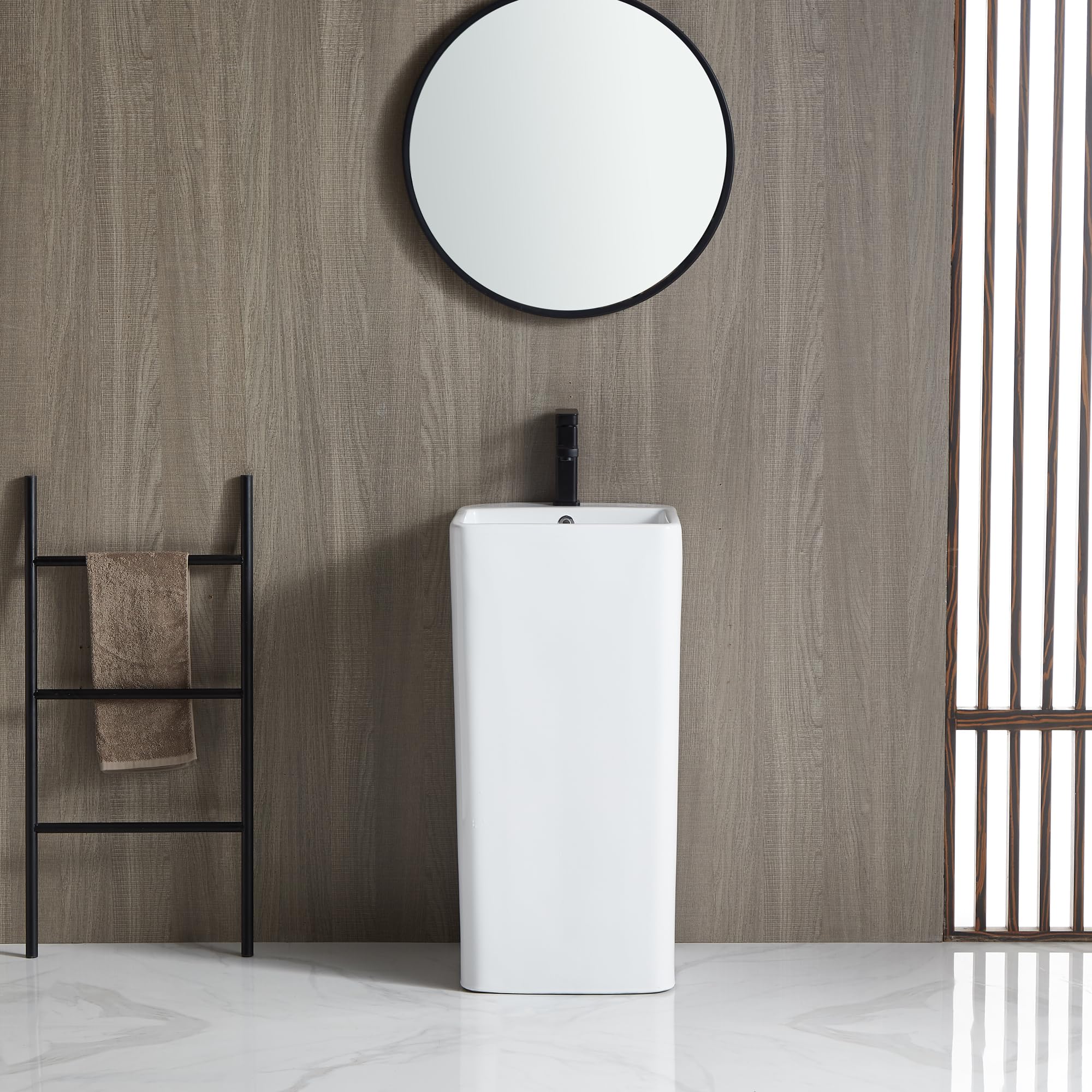 Eridanus 16x16 Inch Glossy White Vitreous Ceramic Pedestal Bathroom Sink with Overflow - Square One Piece Design for Modern Bathrooms, Powder Rooms & Guest Baths