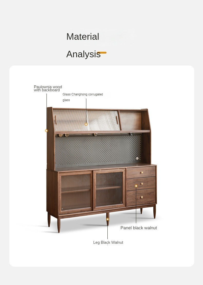 Black Walnut Sideboard with Integrated High Cabinet & Glass Doors - Stylish Storage for Dining Room, Living Room, or Entryway