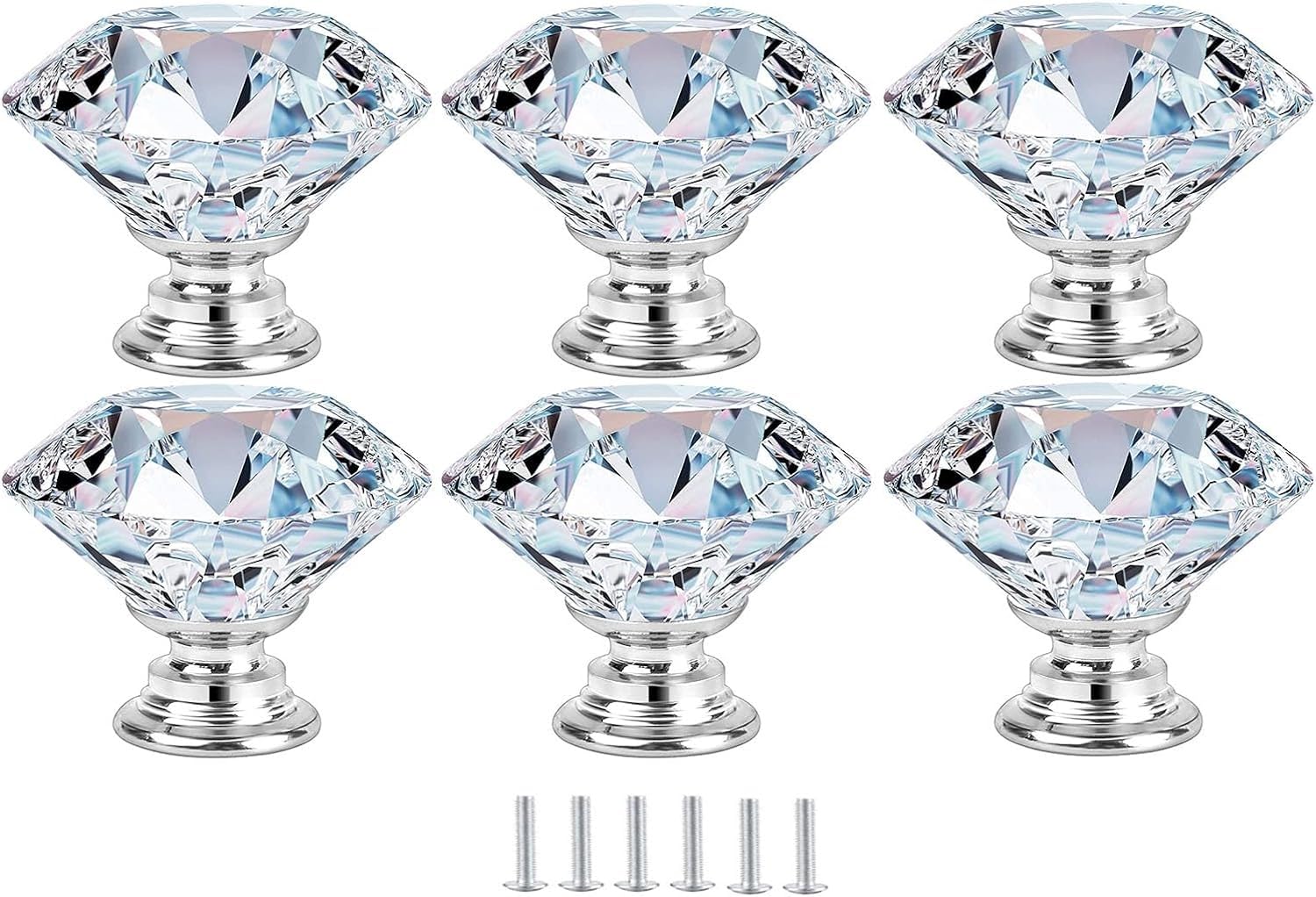 6-Pack Crystal Aluminum Alloy Wardrobe Knobs - Round Base Cabinet Pull Handles for Dresser, Cupboard & Furniture (30x31mm, White) - Perfect for Bedroom, Closet & Home Decor Upgrade