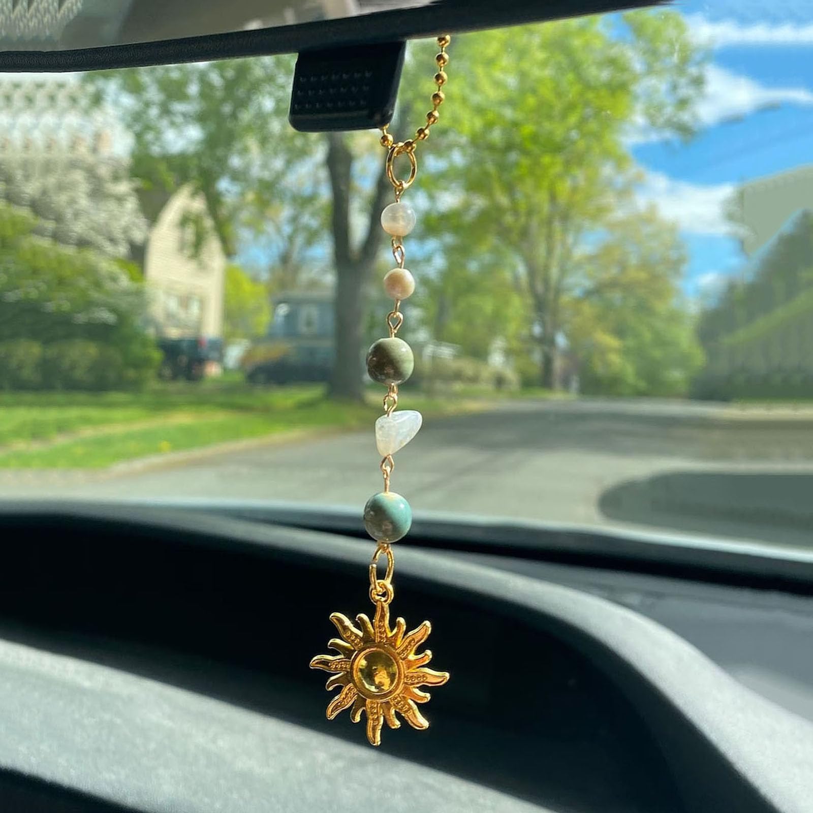 Handmade Boho Sun Hanging Car Charm - Green & Gold Healing Crystal Rearview Mirror Decor for Women & Men | Spiritual Car Accessory for Good Vibes & Positive Energy