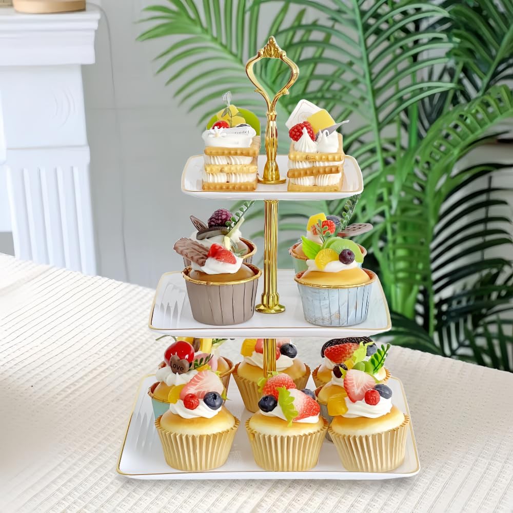 2-Pack RAUVOLFIA 3-Tier Round & Square Cupcake Stand - Versatile Dessert Tower for Pastries, Cakes & Treats - Perfect for Birthday Parties, Tea Time, Wedding Displays & Dessert Table Decorations