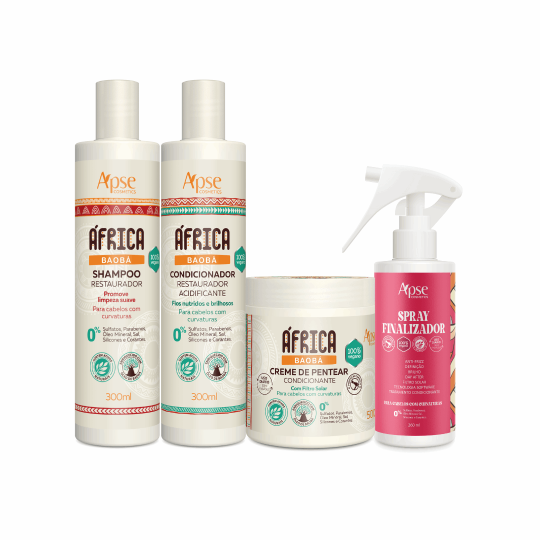 **Apse Cosmetics Africa Baobab Hair Care Kit – Shampoo, Conditioner, Leave-In Cream & Finishing Spray (4-Piece Set) – Hydrating & Repairing for Dry, Damaged Hair – Perfect for Curly, Natural & Textured Hair Types**