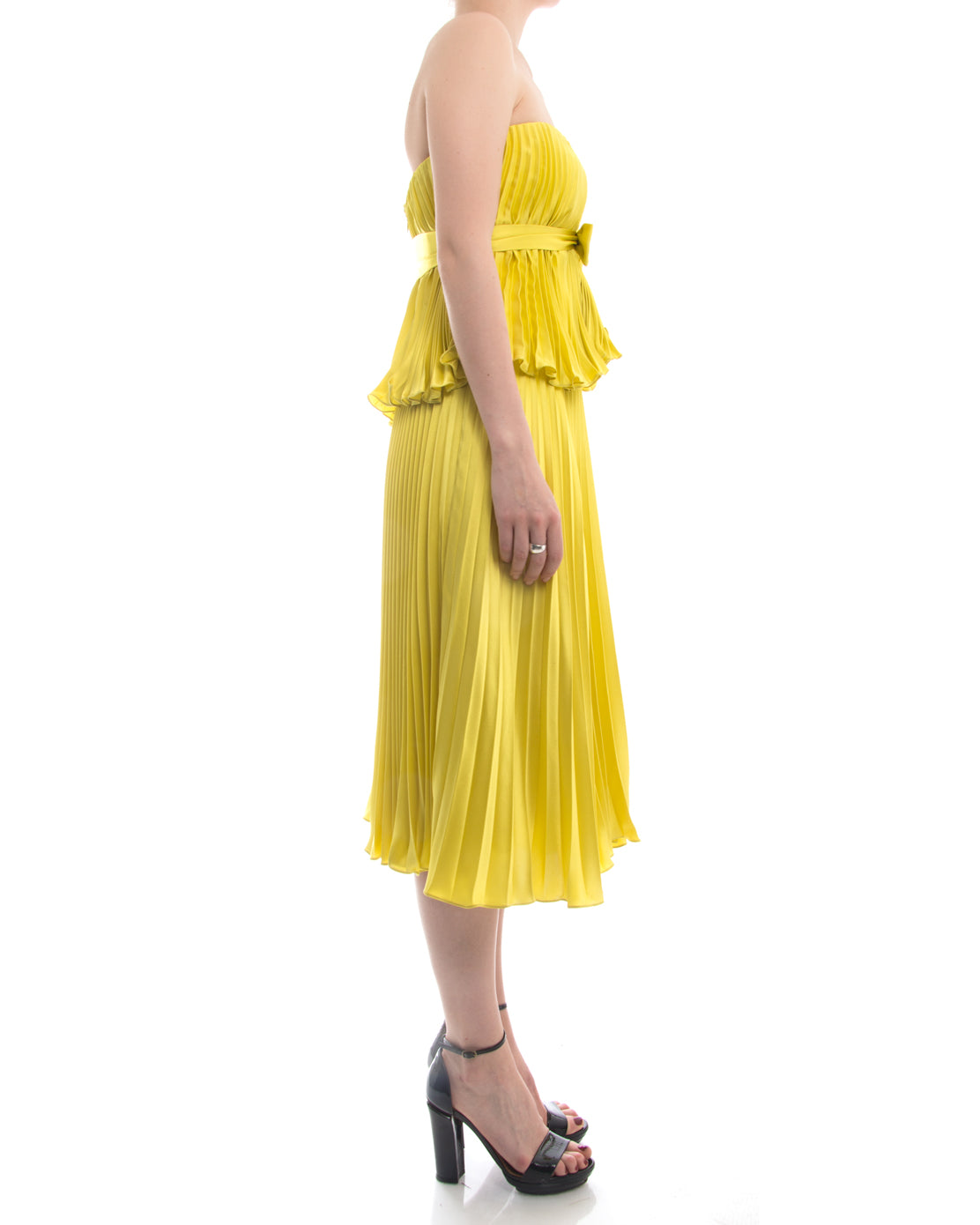 Badgley Mischka Couture Chartreuse Yellow Strapless Pleated Formal Evening Dress for Weddings, Galas & Special Occasions