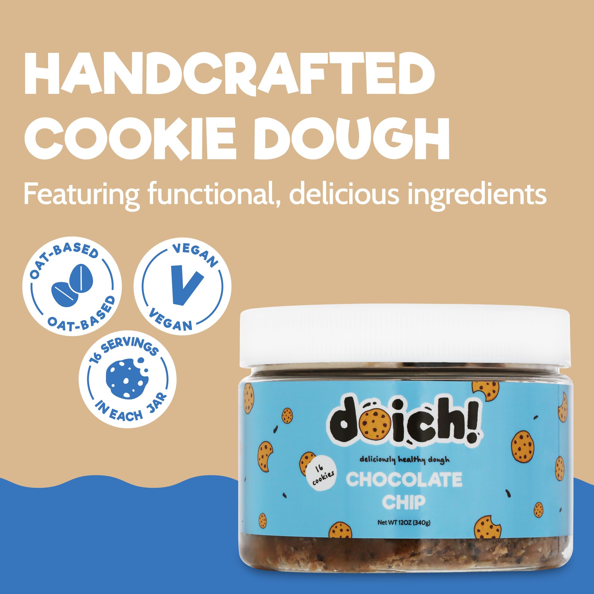 Doich Chocolate Chip Cookie Dough (3-Pack) - High Protein, Low Sugar, Gluten Free, Vegan & Kosher Healthy Cookies - Perfect for Snacking, Dessert, and On-the-Go Energy Boost