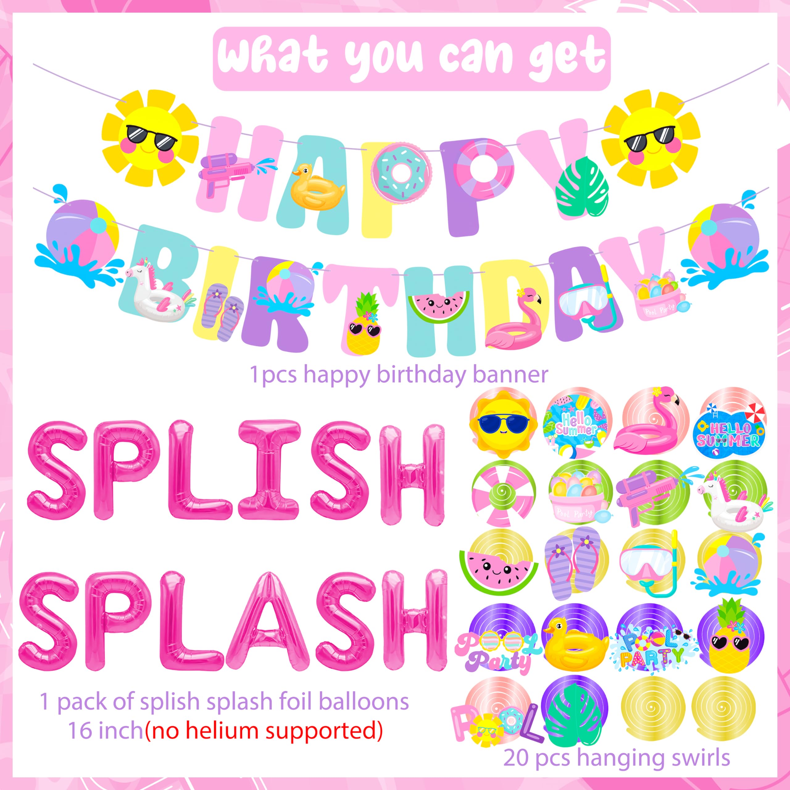 Pool Party Decorations - Splish Splash Birthday Foil Balloons, Hanging Swirls & Banner for Girls Summer Beach Party | Hawaiian Luau Tropical Theme Decor for Poolside Celebrations, Baby Showers & Backyard Gatherings
