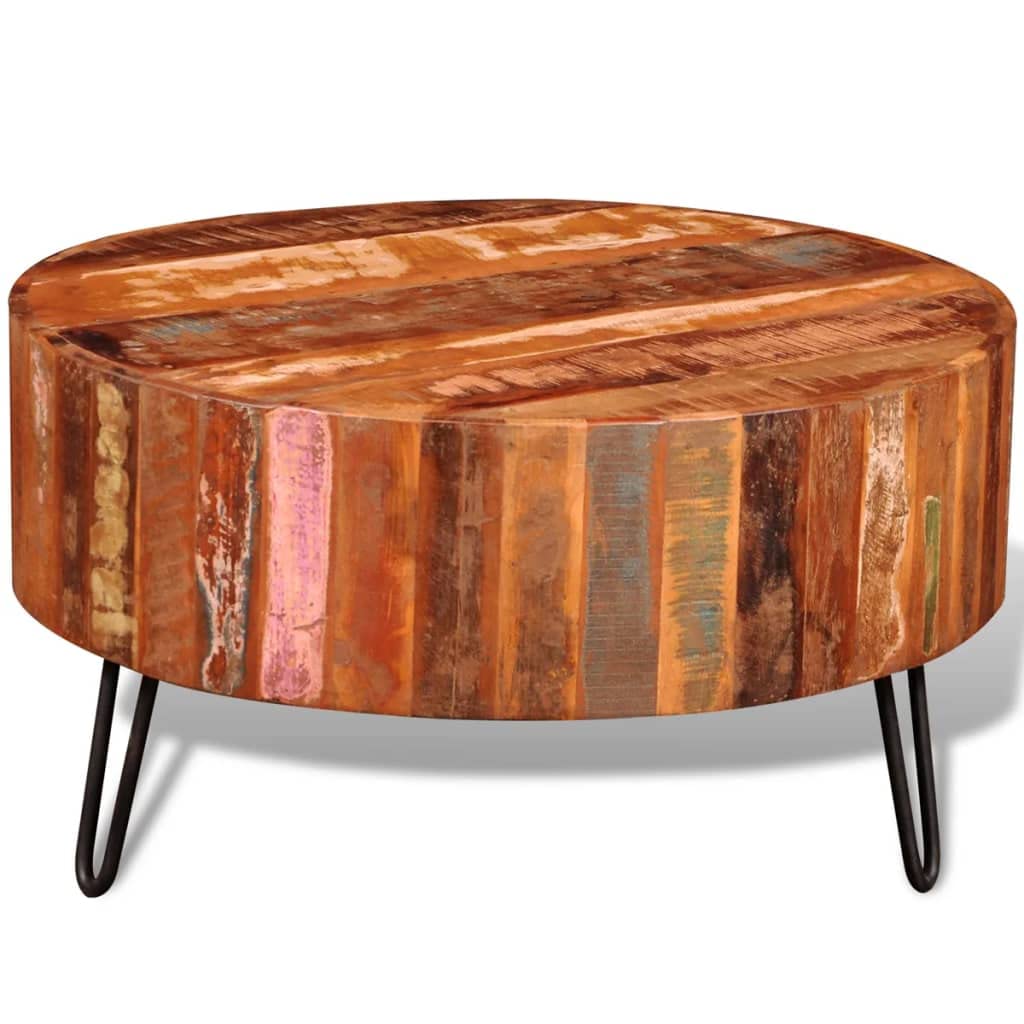 Handmade Reclaimed Wood Round Coffee Table with Iron Legs - 27.6
