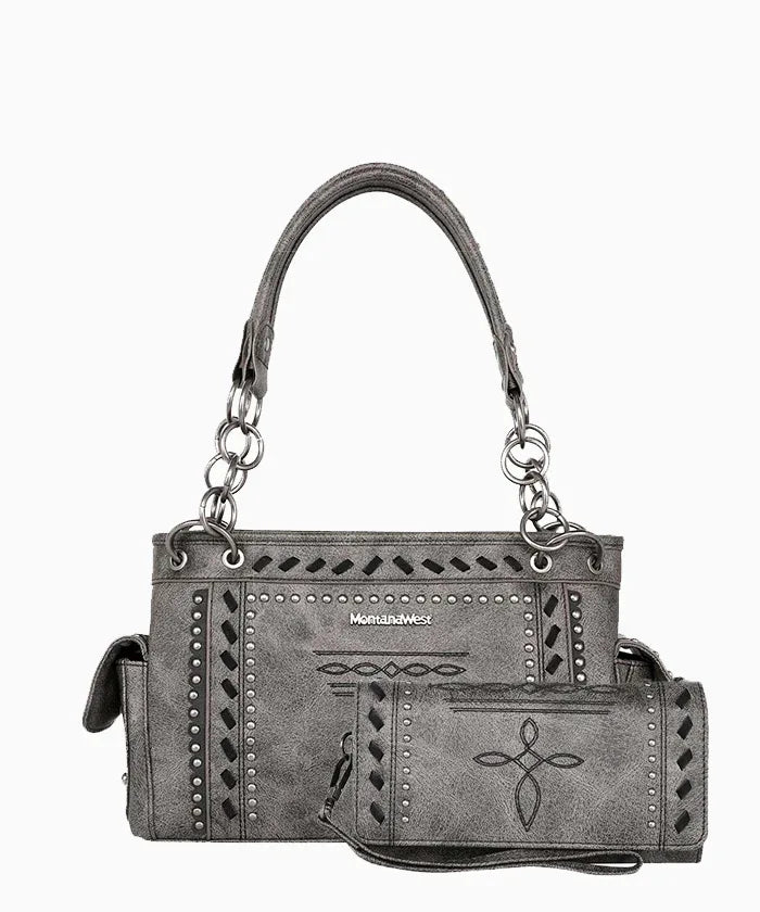 Montana West Whipstitch Studs Concealed Carry Satchel Purse - Stylish Women's Leather Crossbody Bag for Everyday Use, Travel & Work
