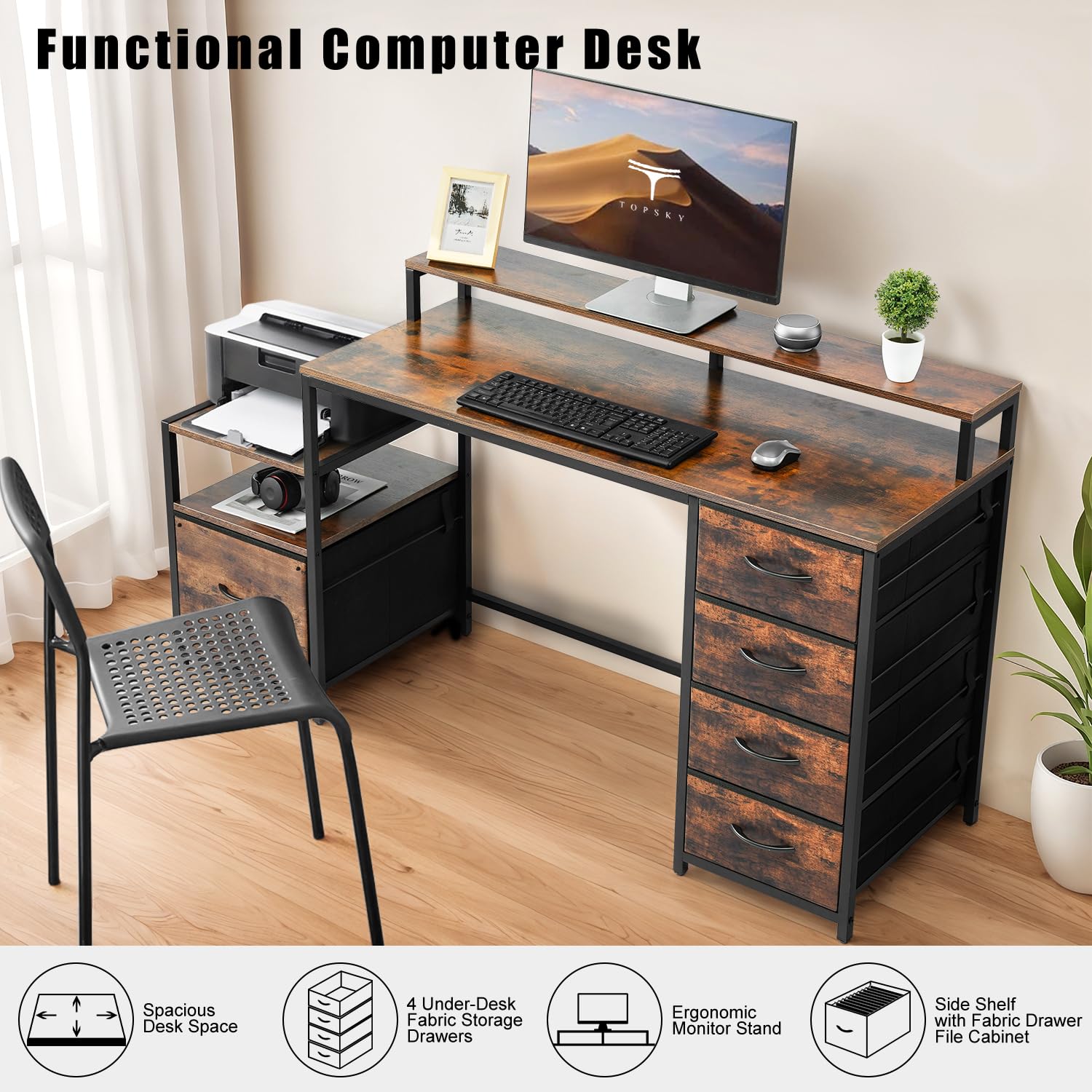 TOPSKY 62.4 Inch Bamboo Computer Desk with Storage Shelf & File Drawer - Home Office Desk with Monitor Stand, Study Table for Letter Size Documents | Perfect for Small Spaces, Remote Work & Online Learning