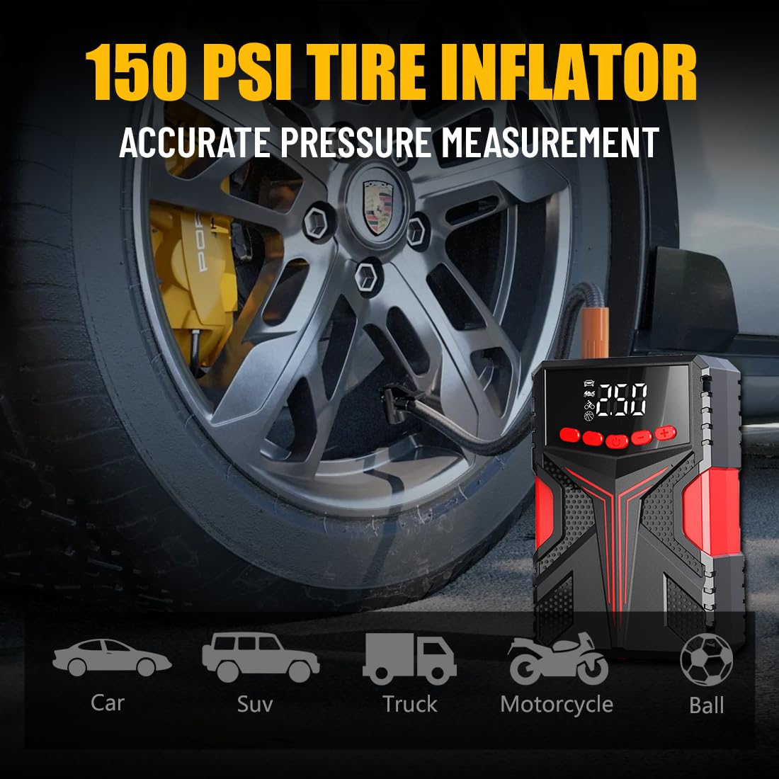 Portable Car Jump Starter with 150PSI Air Compressor & Tire Inflator - 3000A Battery Booster for 10.0L Gas/8.0L Diesel Engines - Emergency Jump Box Kit with Storage Case & Jumper Cables - Perfect for Roadside Emergencies, Camping and Winter Car Maintenance
