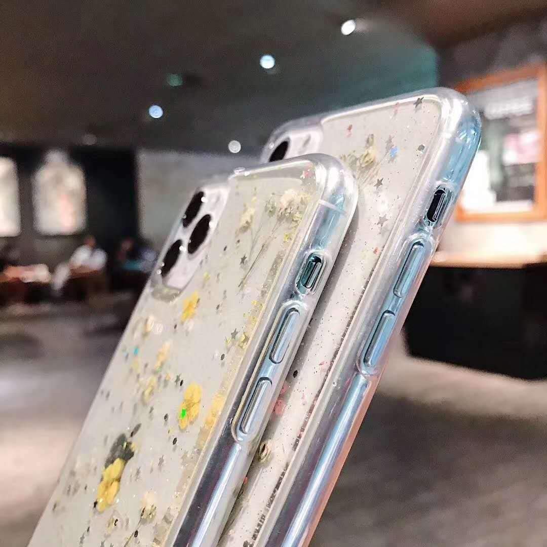 YTanazing Real Flower Glitter Floral iPhone 12 Pro Max Case - Slim Shockproof Flexible Clear TPU Back Cover for 6.7 inch (Yellow Flowers) | Perfect for Daily Use, Gift Giving & Spring Fashion