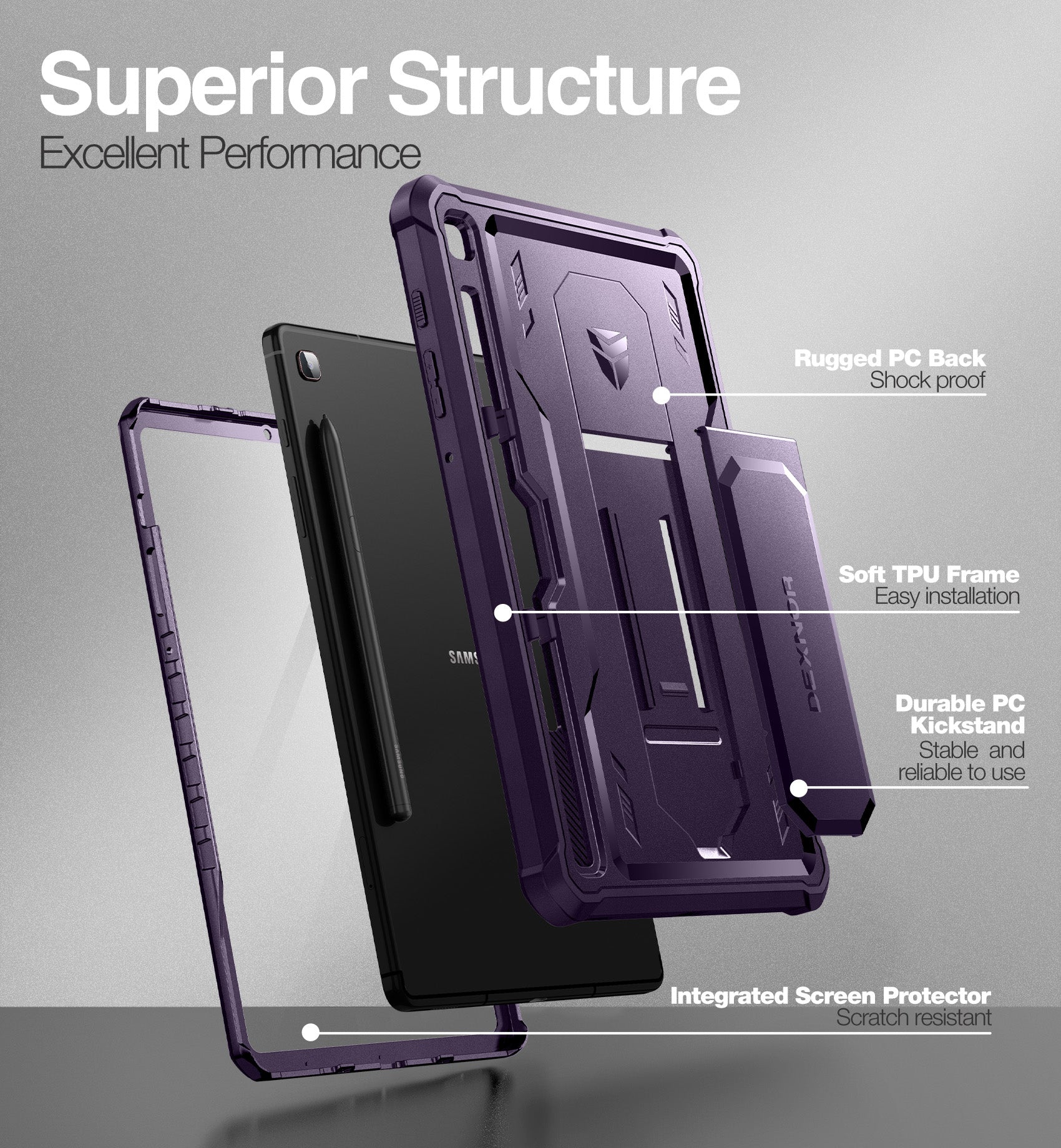 Dexnor Shockproof Rugged Case for Samsung Galaxy Tab S6 Lite 2020/2022/2024 - Heavy Duty Bumper Cover with Built-in Kickstand, Screen Protector & S Pen Holder | Perfect for Travel, Work & Outdoor Use