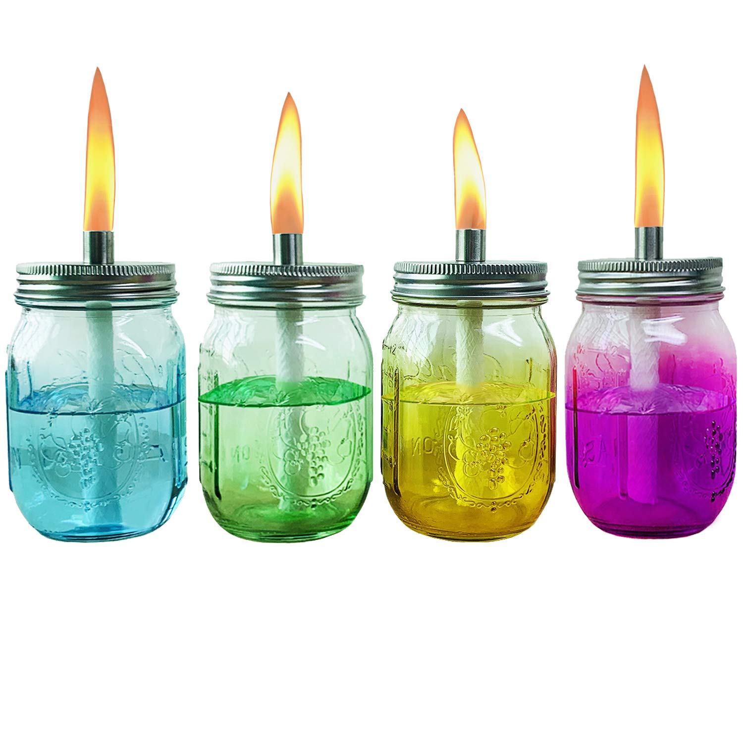 Refillable Multicolor Glass Outdoor Tabletop Torch Set with Citronella Oil - 6 Pack Decorative Landscape Torches for Patio, Garden, Yard, Christmas & Party Decor | Mosquito Repellent & Ambiance Lighting
