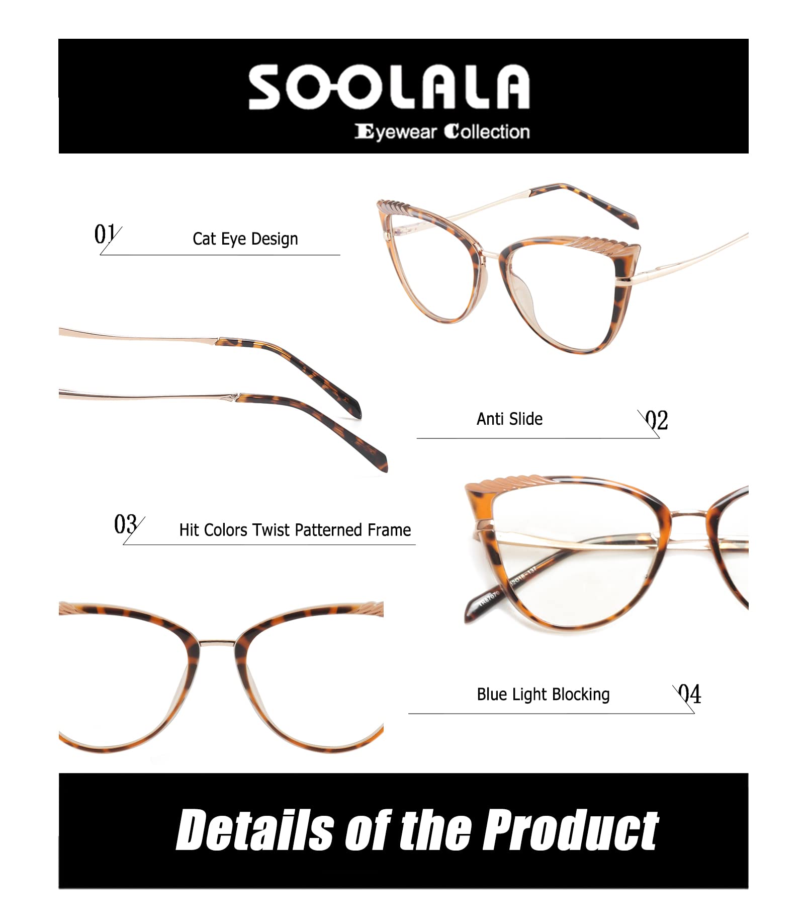 SOOLALA Women's Blue Light Blocking Glasses - TR90 Lightweight Spring Hinged Cat Eye Reading Glasses for Computer, Office & Screen Time (Blue) | Fashionable & Comfortable Eyewear for Work & Study