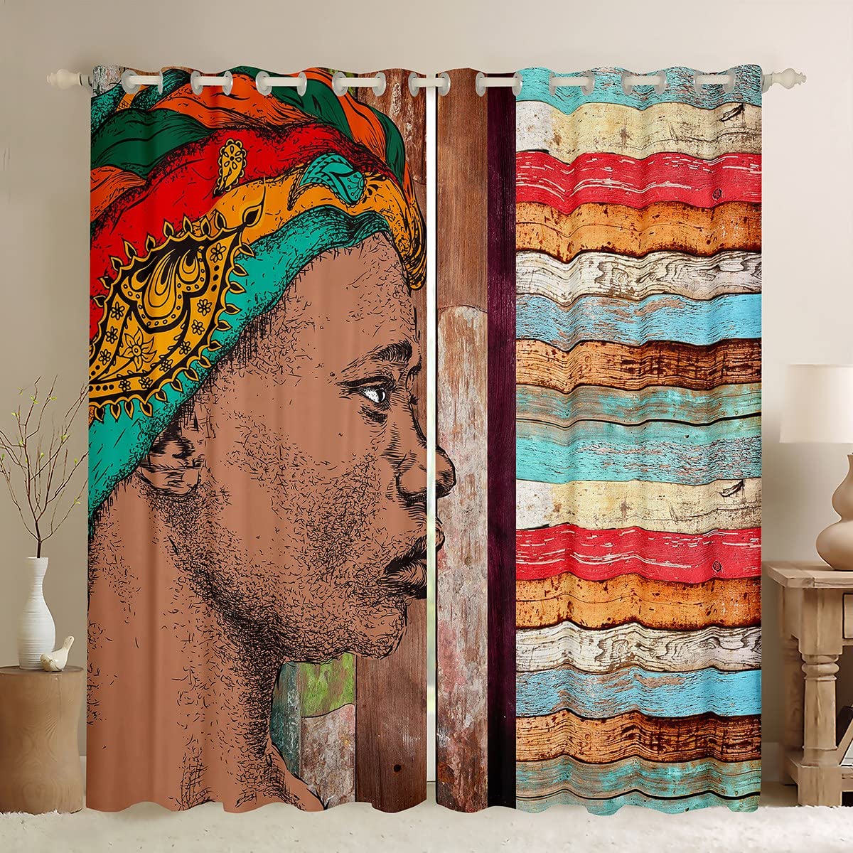 Erosebridal African Print Curtains - Watercolor Native Woman Portrait, Colorful Rustic Wooden Door & Window Drapes, Decorative Brown Blackout Curtains 42x63 Inches (2 Panels) - Perfect for Living Room, Bedroom & Boho Home Decor