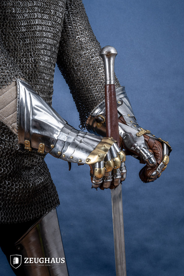 15th Century German Gauntlets - 1.2mm Steel Medieval Armor with Brass Accents for LARP, Cosplay, and Historical Reenactment