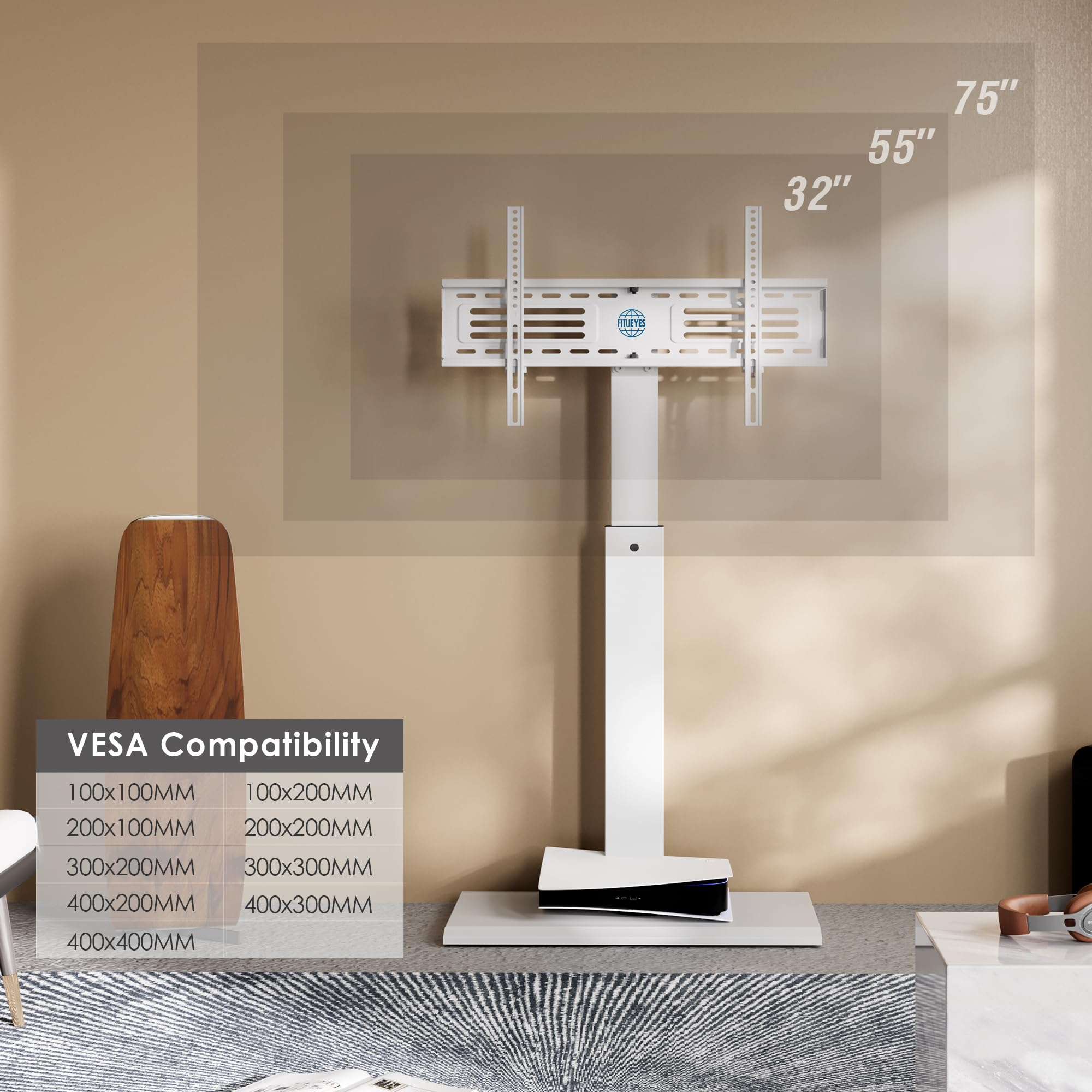 FITUEYES Universal TV Stand for 32-75 Inch TVs - Adjustable Height Swivel Floor Stand with Iron Base, Wire Management for LED LCD OLED Plasma Flat & Curved Screens - Space Saving Design for Living Room, Bedroom or Office (White)